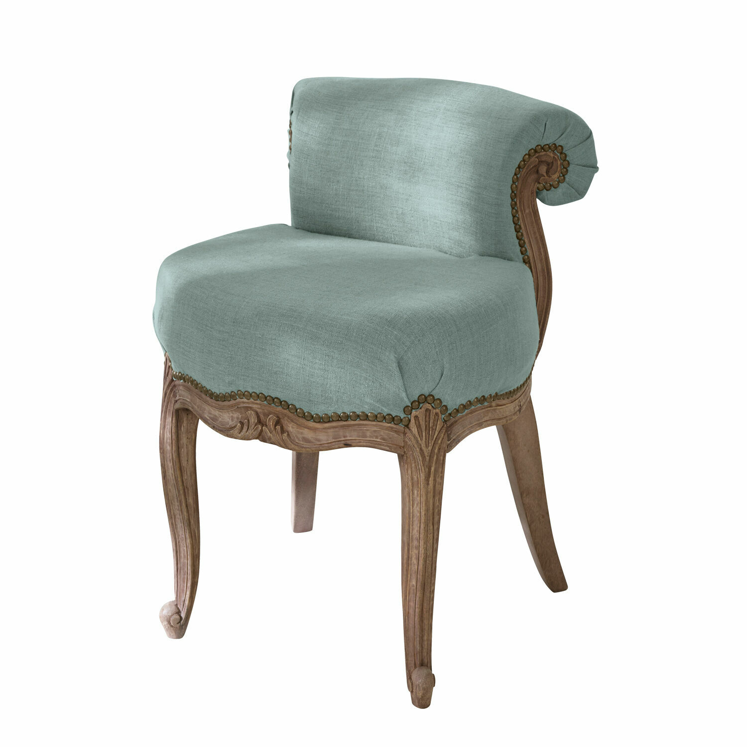 azul Sillón Rivel con tapizado azul y marco de madera tallada, estilo vintage elegante