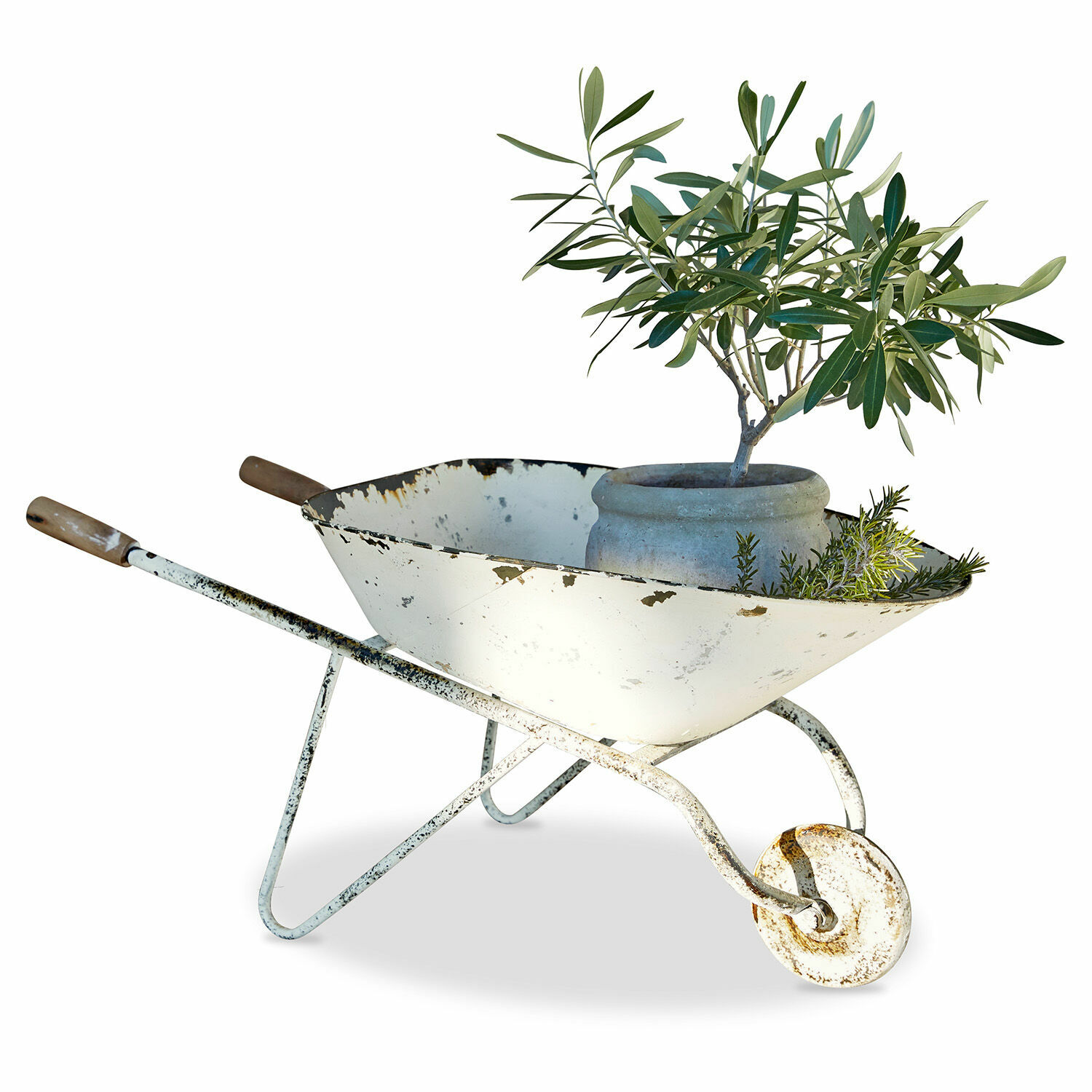Carretilla decorativa Padoux Carretilla metálica blanca envejecida con maceta y plantas verdes, decoración de jardín