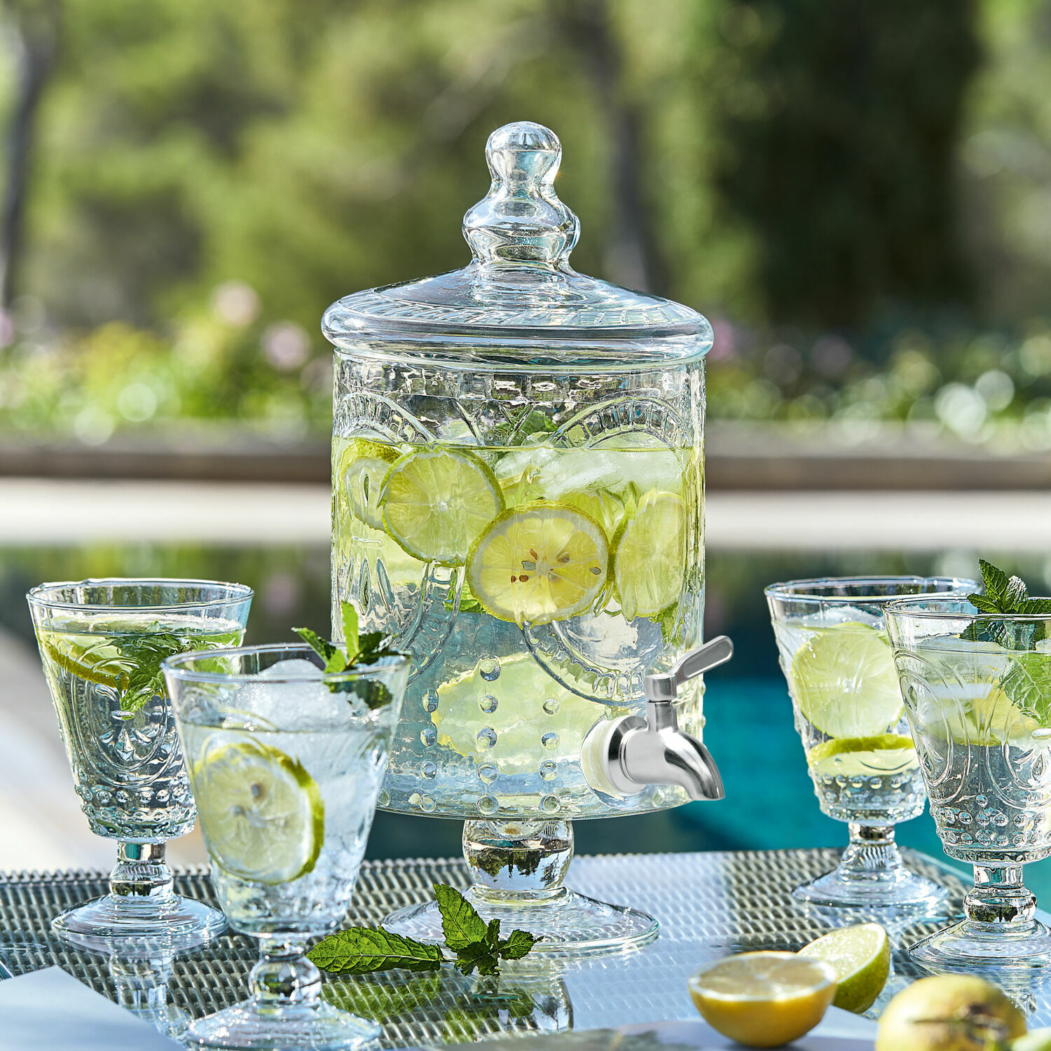 Dispensador de bebidas Lys Dispensador de bebidas de vidrio con tapa y grifo, con limón y menta, ideal para fiestas de verano