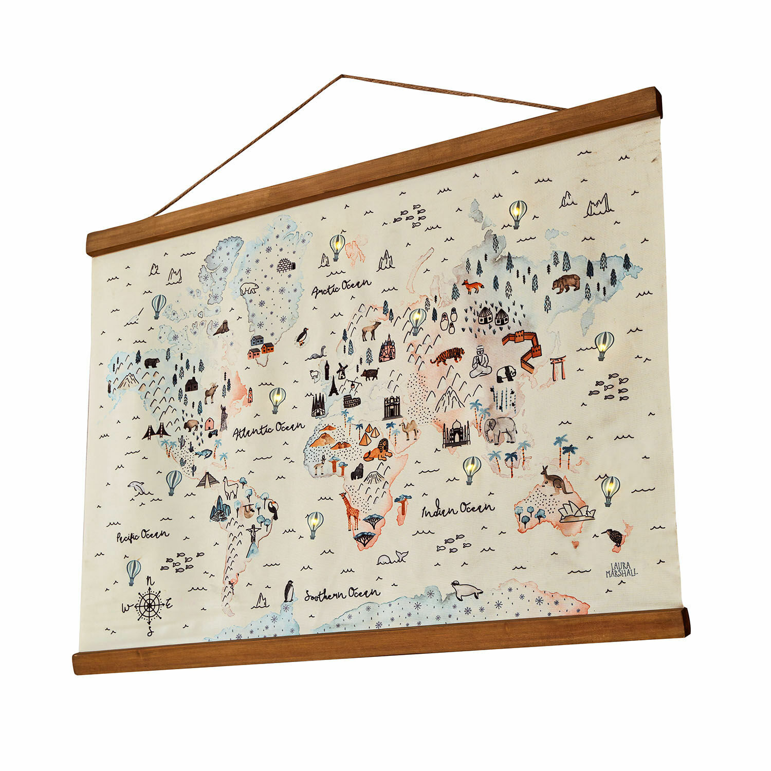Póster con LED Chaumont Mapa mundial en lienzo con marco de madera, ilustraciones de animales y monumentos, decoración de pared