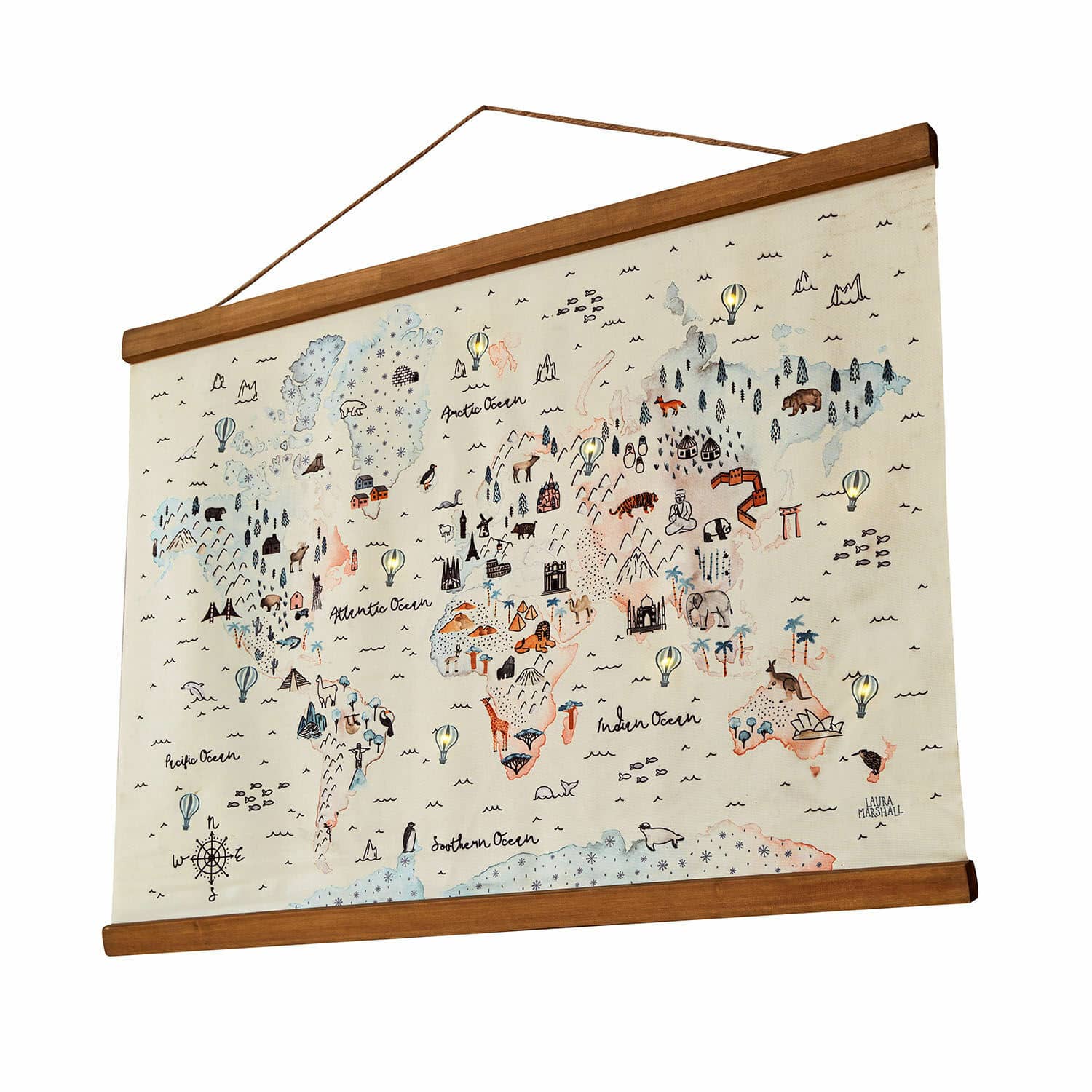 Póster con LED Chaumont Mapa mundial en lienzo con marco de madera, ilustraciones de animales y monumentos, decoración de pared