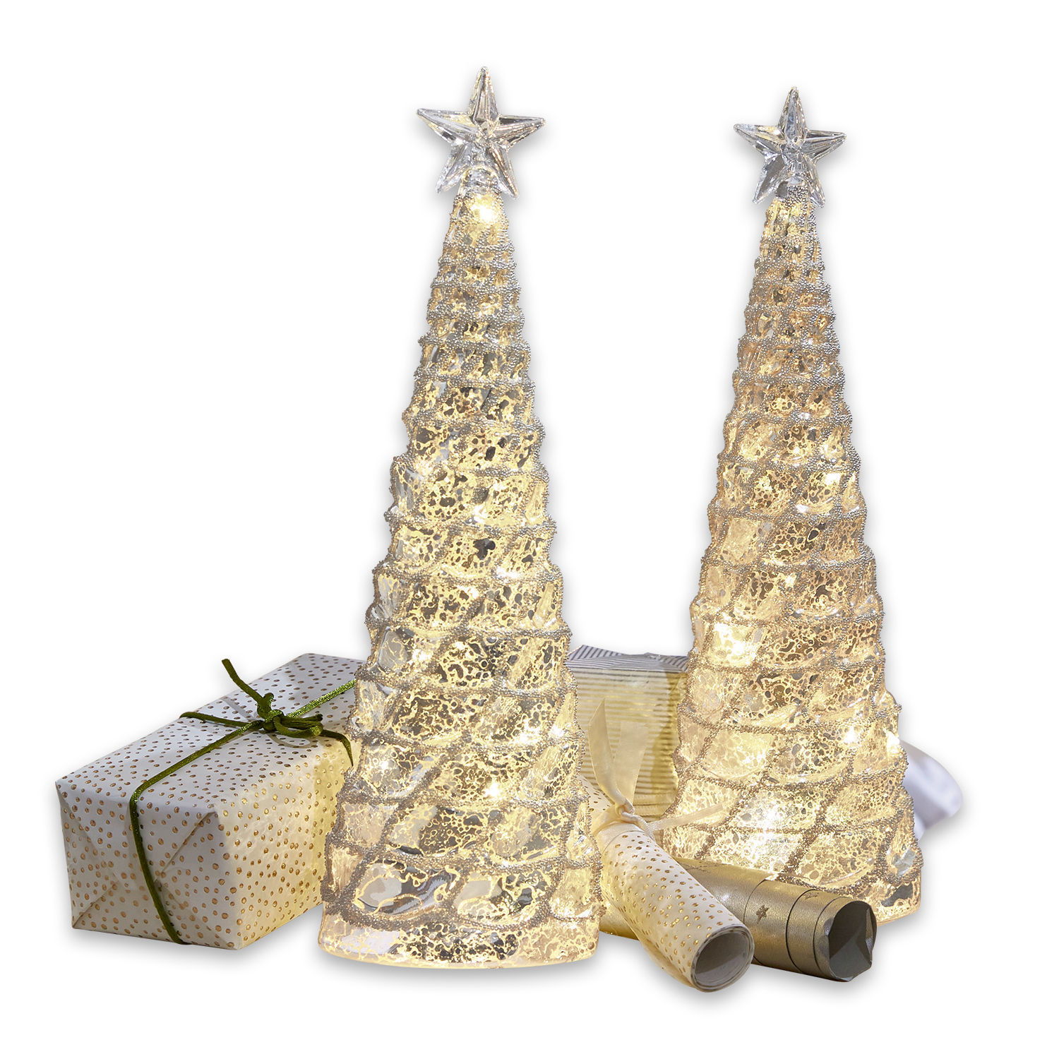 Árbol decorativo set de 2 Glitter Dos árboles de Navidad decorativos LED transparentes con estrellas en la cima y regalos al fondo