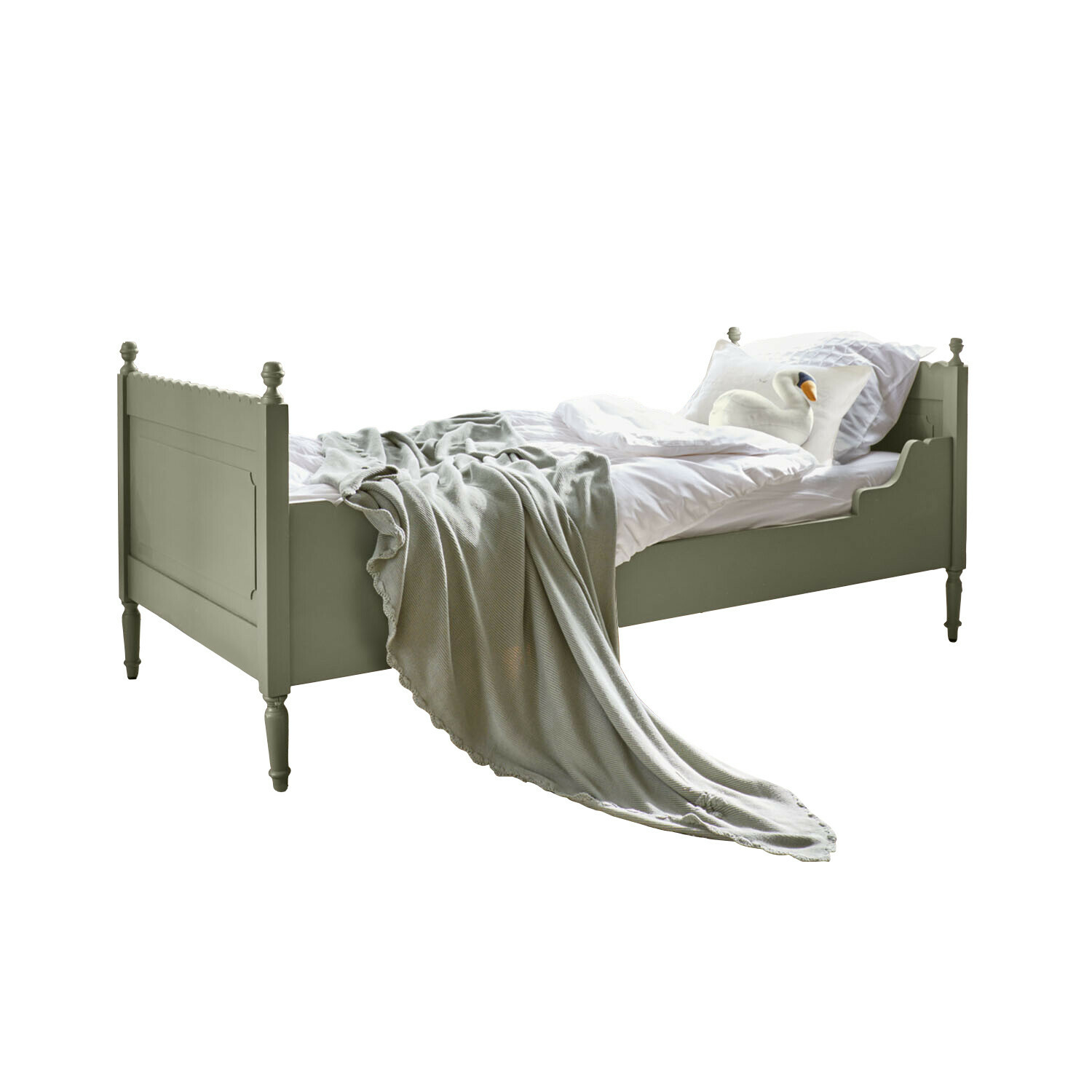 Cama individual Kystlund Cama de madera color oliva con ropa blanca y manta gris, estilo vintage para dormitorio
