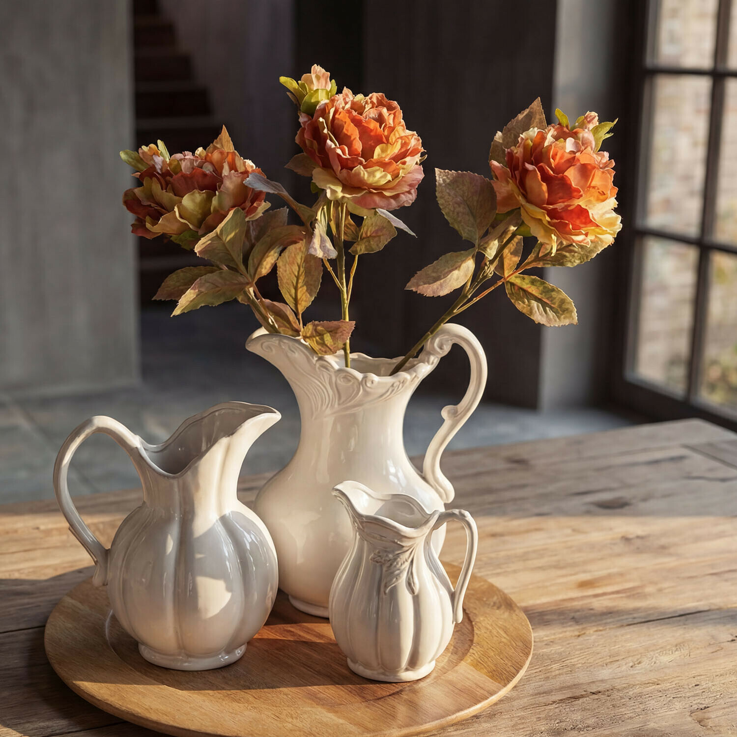 Set de 3 flores decorativas Ambrayelle Tres jarras de cerámica blanca sobre bandeja de madera con flores artificiales naranjas en interior rústico