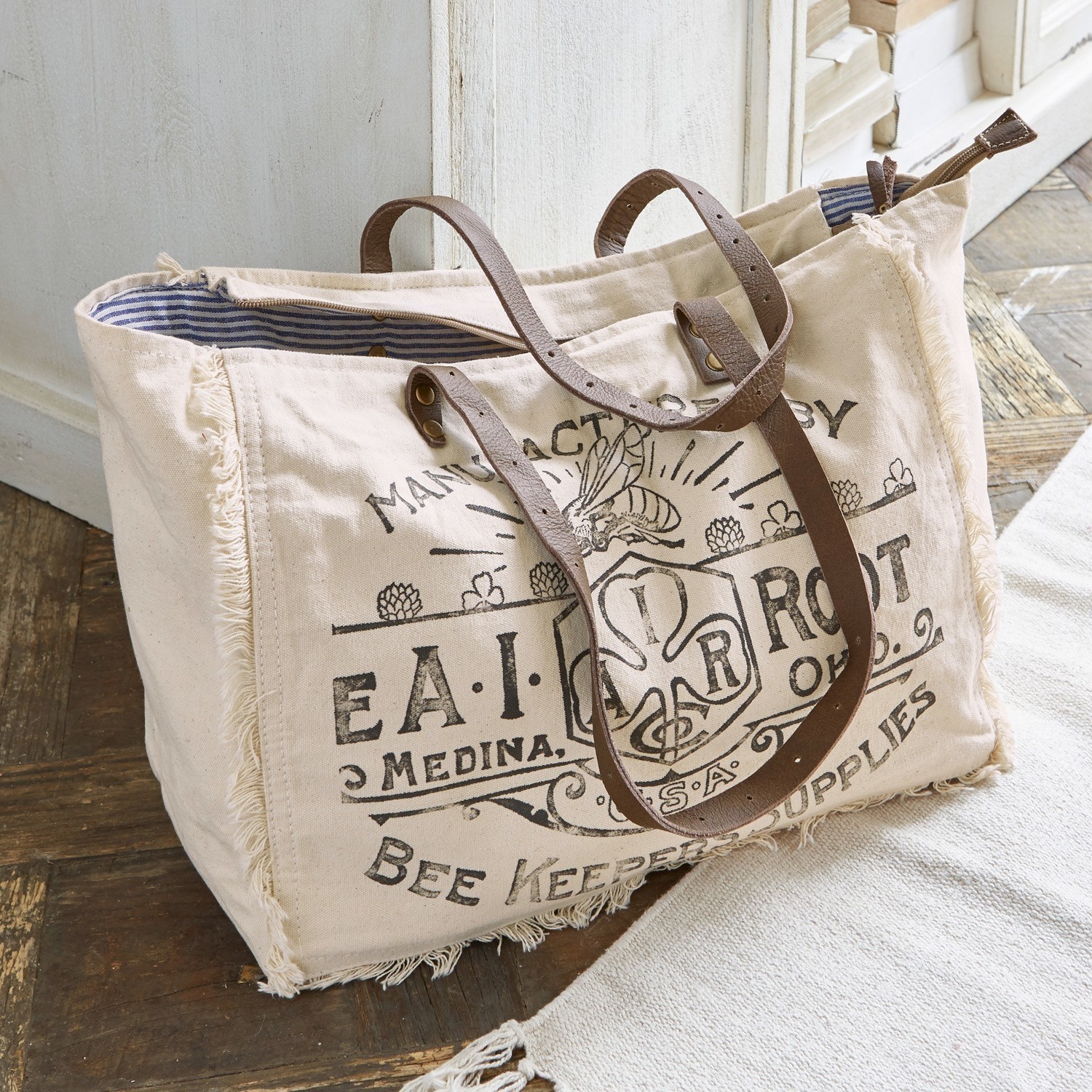 Bolso Cloe Bolsa de algodón beige con asas de cuero marrón y estampado de abeja, bolsa práctica para compras