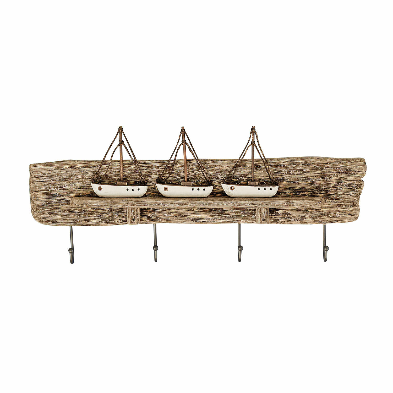 Perchero de pared Douxie Perchero de pared de madera con cuatro ganchos metálicos y tres barcos blancos decorativos
