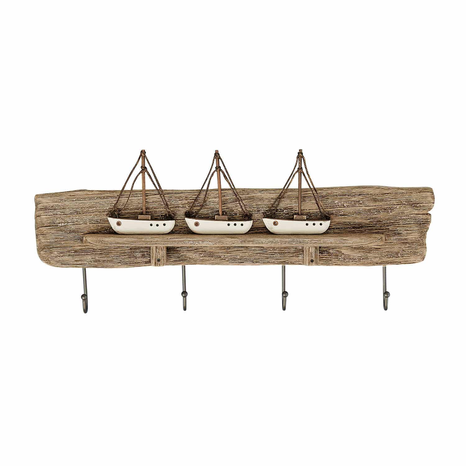 Perchero de pared Douxie Perchero de pared de madera con cuatro ganchos metálicos y tres barcos blancos decorativos