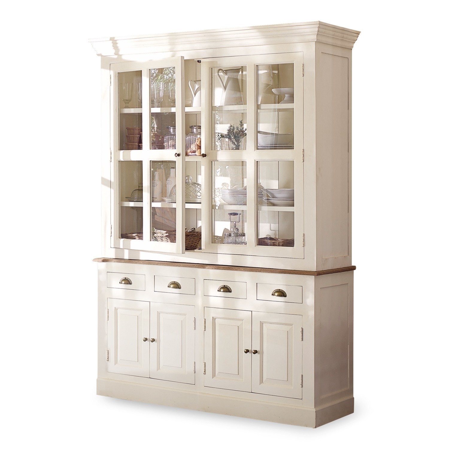 Vitrina Morningside Vitrina blanca de madera con puertas de cristal y cajones para guardar vajilla