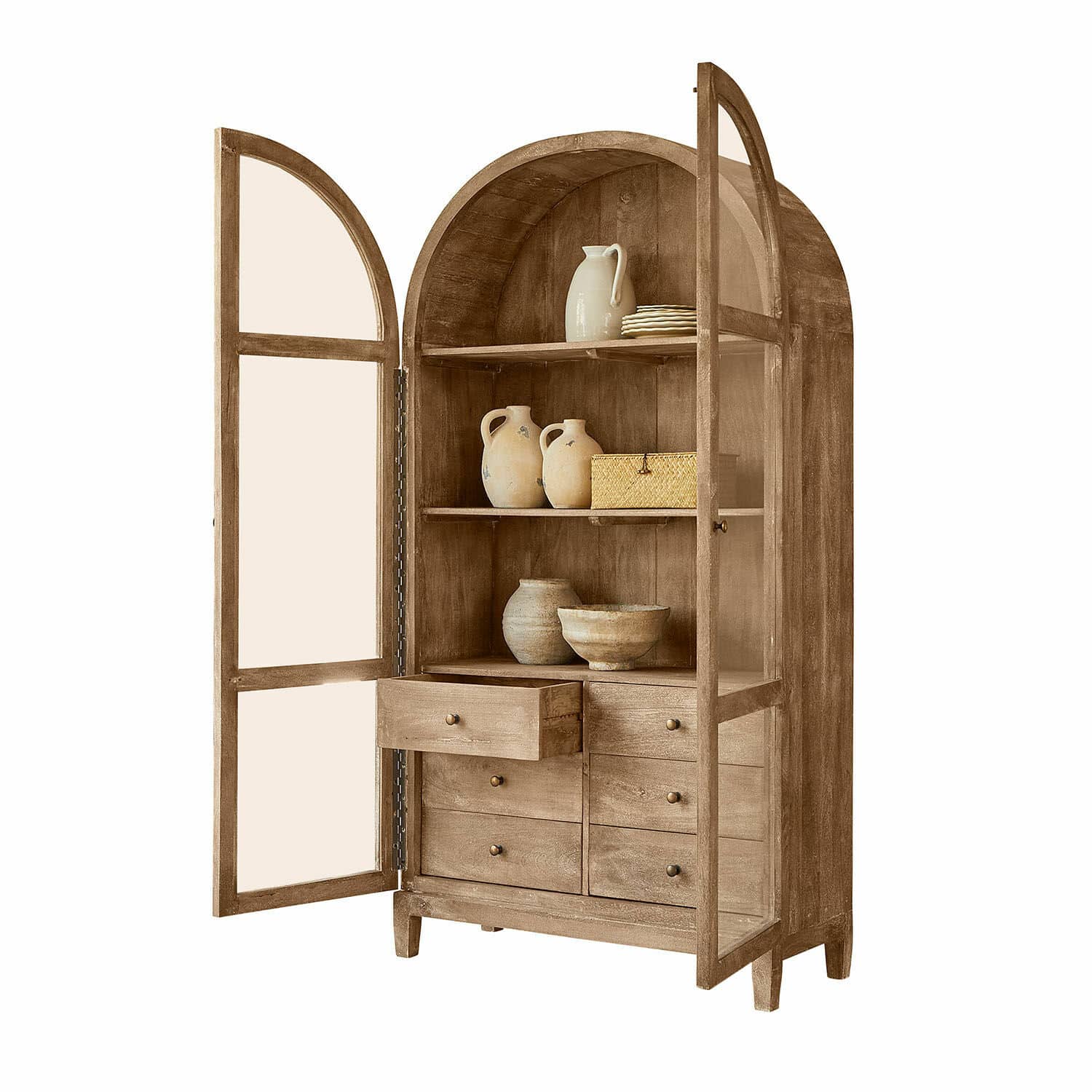 Armario Winscombe Armario de madera con puertas redondeadas y cajones en color natural, mueble de almacenamiento
