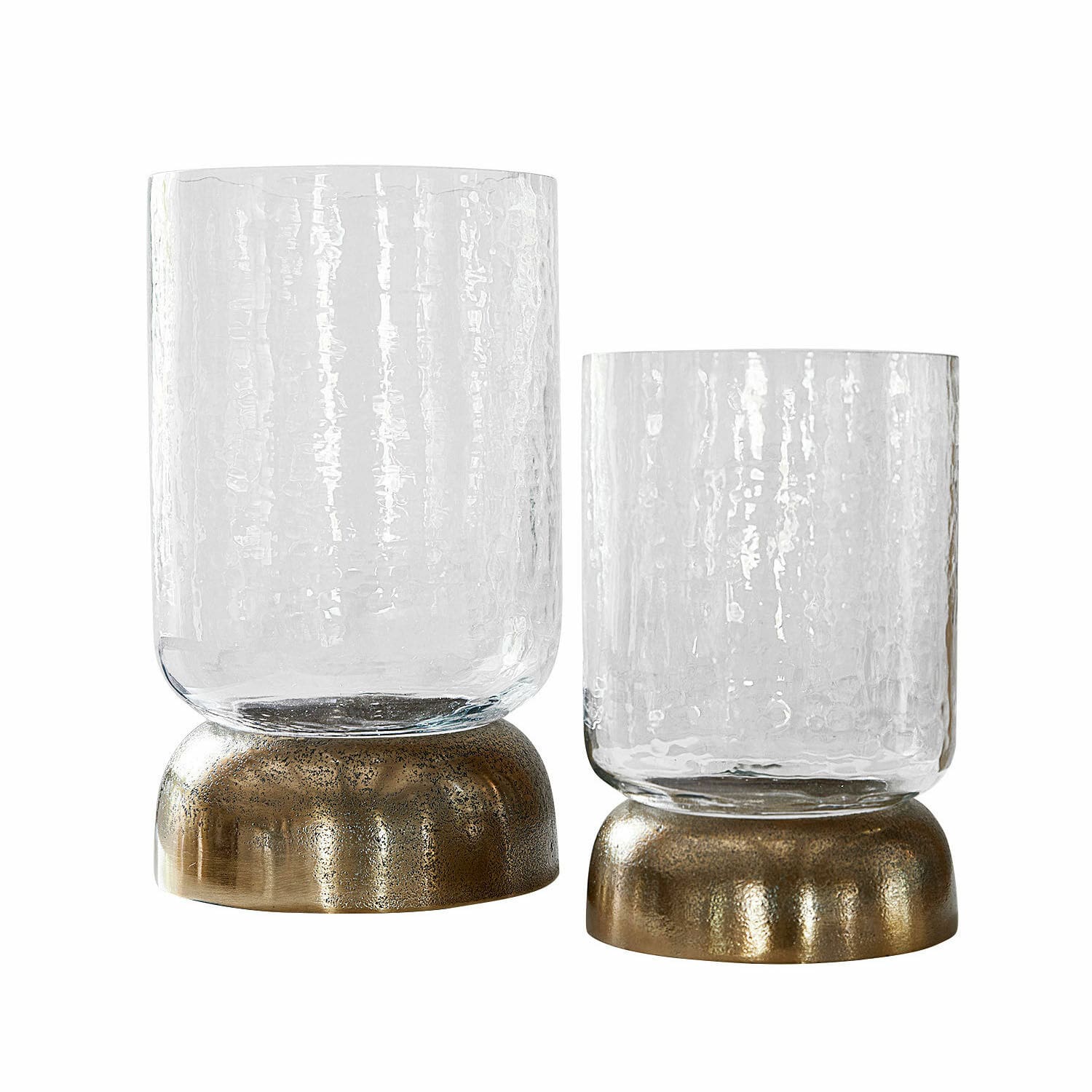 Set de 2 linternas Biserre Conjunto de dos portavelas de vidrio con base de latón, vidrio transparente texturizado, decoración para el hogar