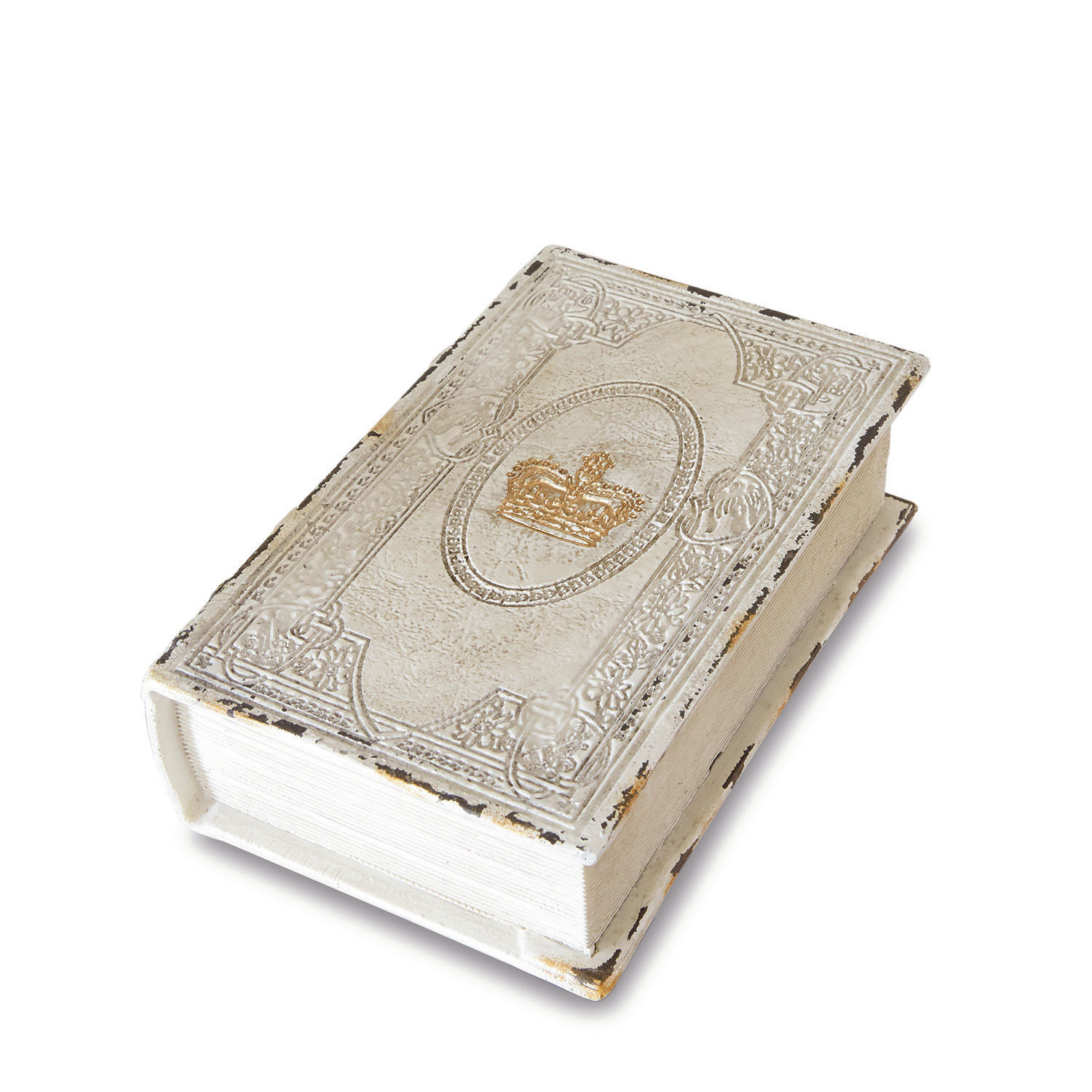 Caja en forma de libro Anglure Caja decorativa blanca de madera con forma de libro y corona dorada en la tapa