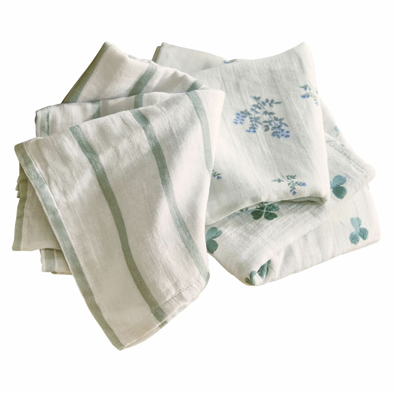 Juego de 3 paños de muselina Nymariel Juego de paños de cocina de lino blanco con rayas verdes y estampado floral