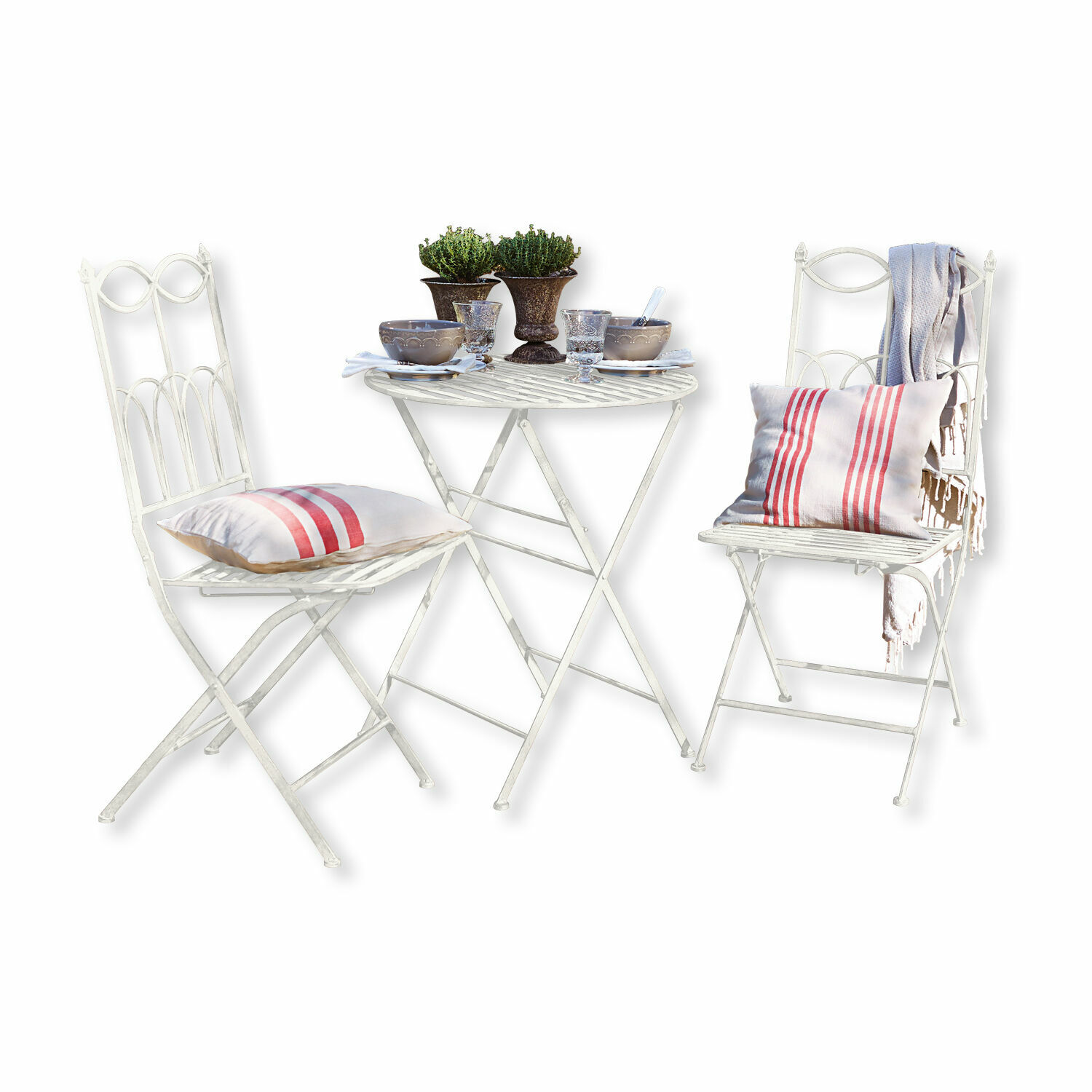 Conjunto de muebles de jardín Fieldbrook blanco de metal con dos sillas y mesa redonda, decoraciones sobre la mesa