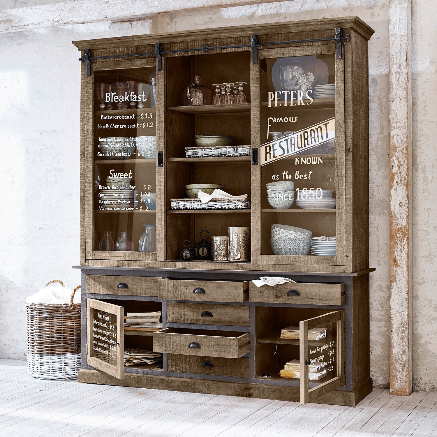 Armario Peter´s Gran vitrina de madera con puertas de cristal y cajones estilo vintage para almacenar vajilla