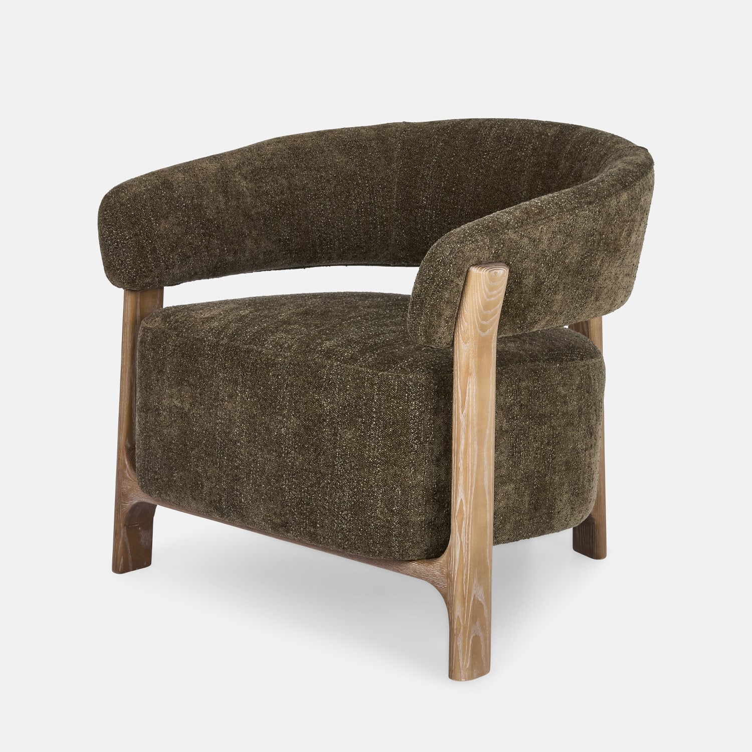 Sillón de tela verde oscuro con estructura de madera, asiento cómodo para salón