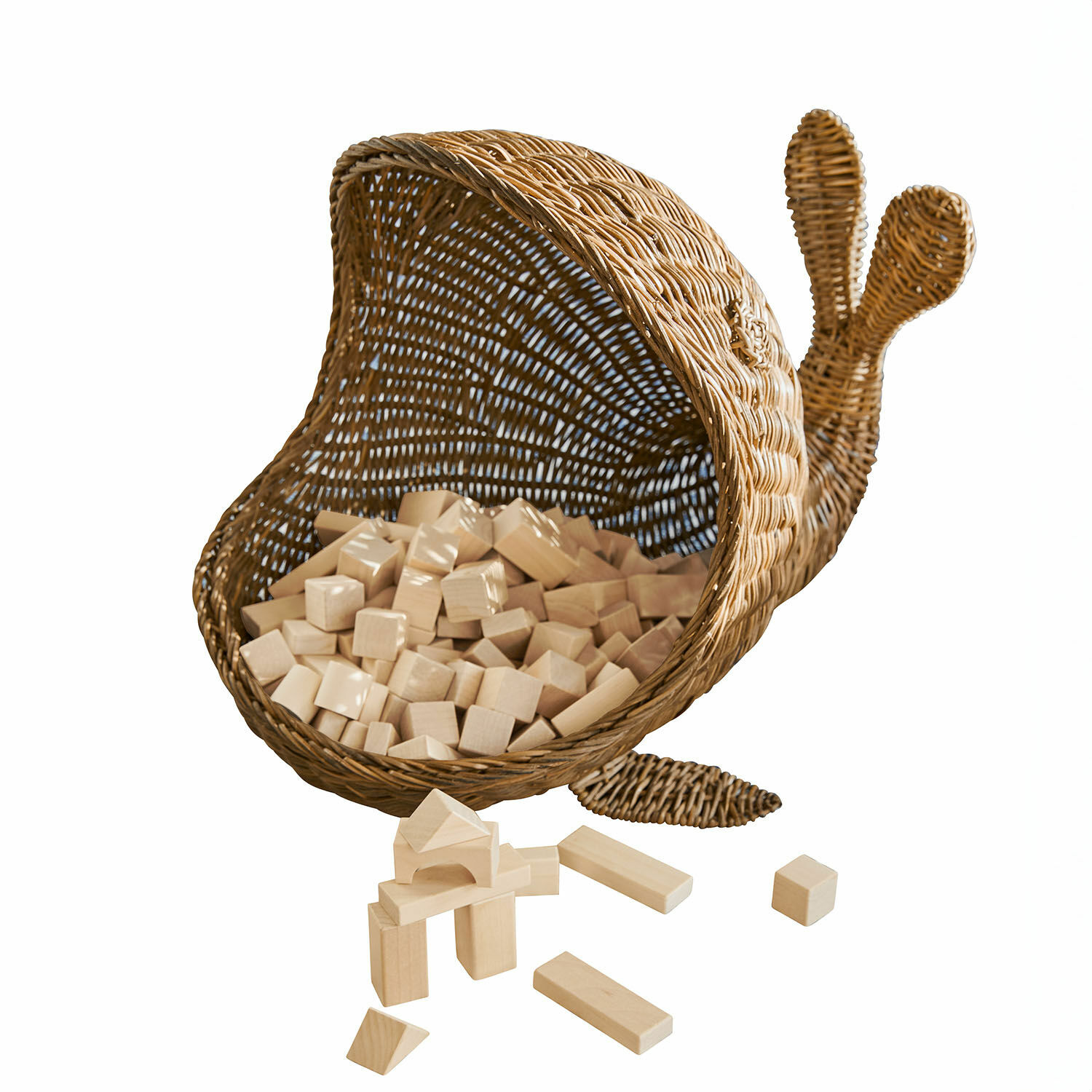Cesta Cheruboo Cesta de mimbre con forma de caracol con bloques de madera natural para juegos infantiles