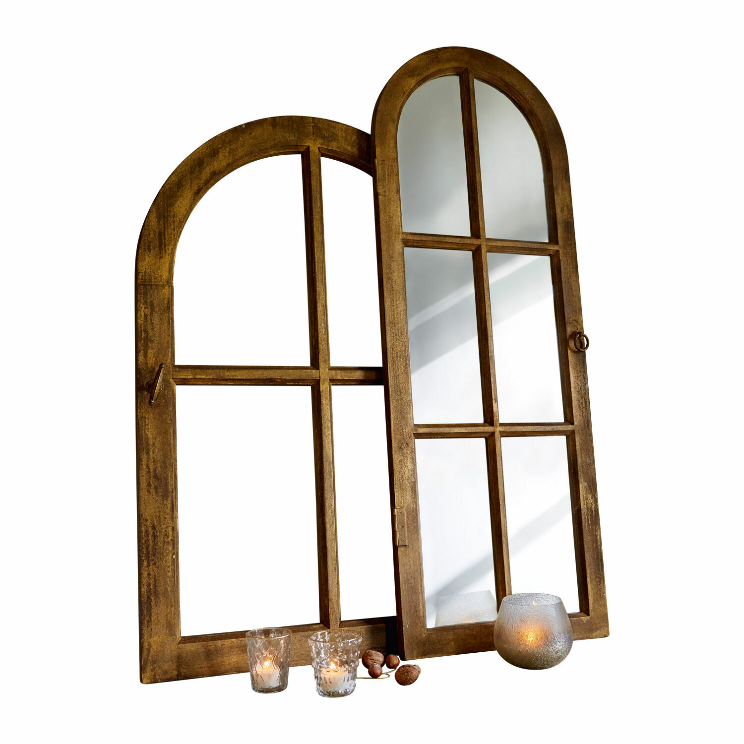 Espejo y ventana decorativa Crowley Marco de ventana decorativo de madera con espejo y velas, estilo rústico, color marrón