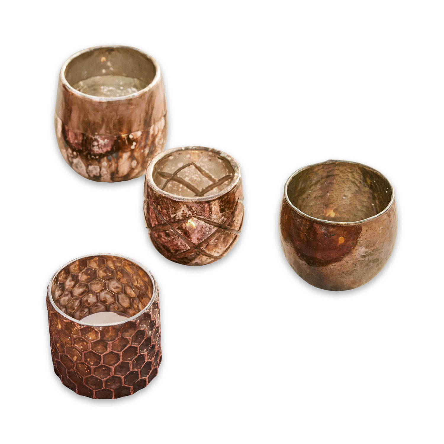 Set de 4 portavelas de vidrio cobre en tonos rosa y cobre para decoración interior