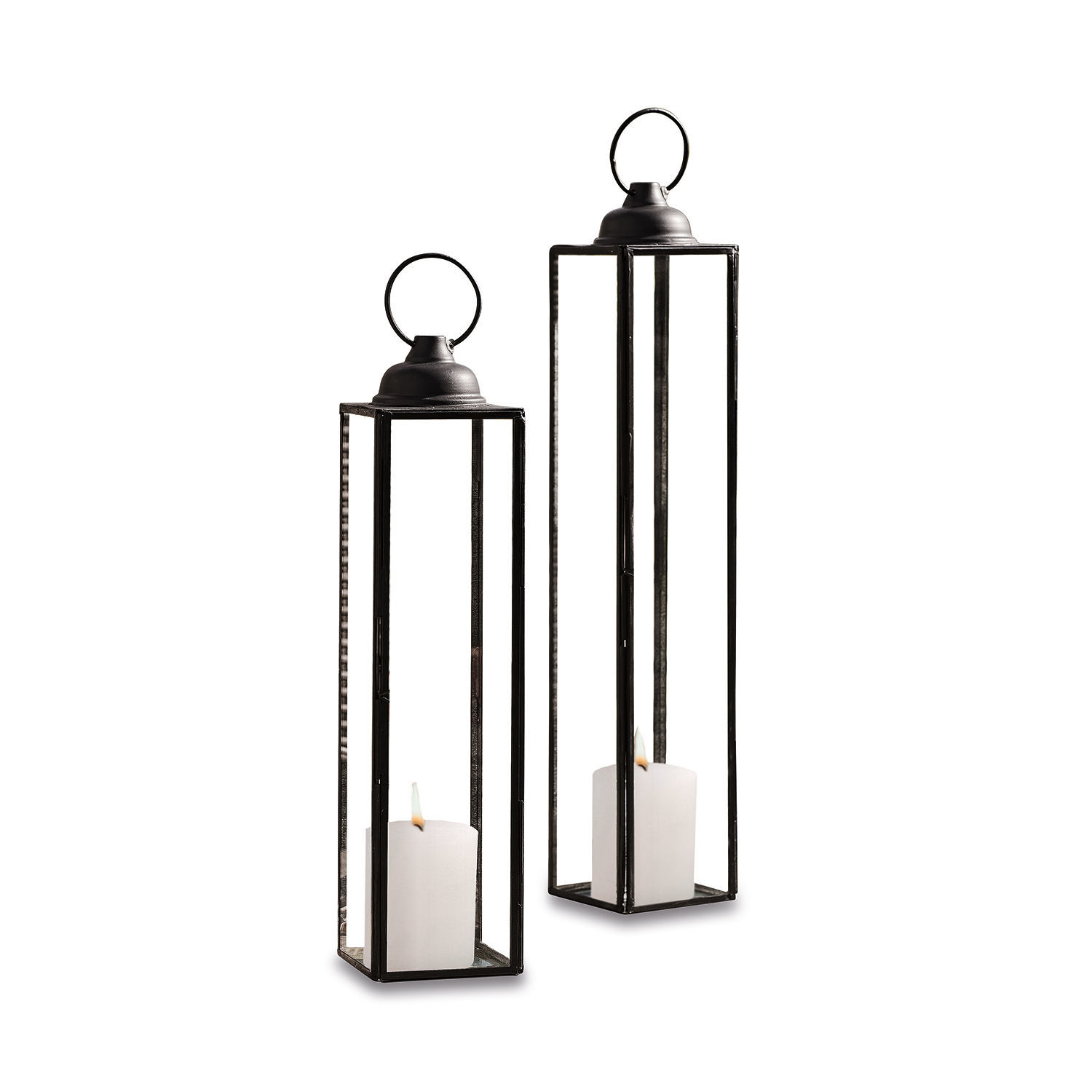 Set de 2 faroles Radu Conjunto de dos faroles de metal negro con velas blancas para decoración interior y exterior
