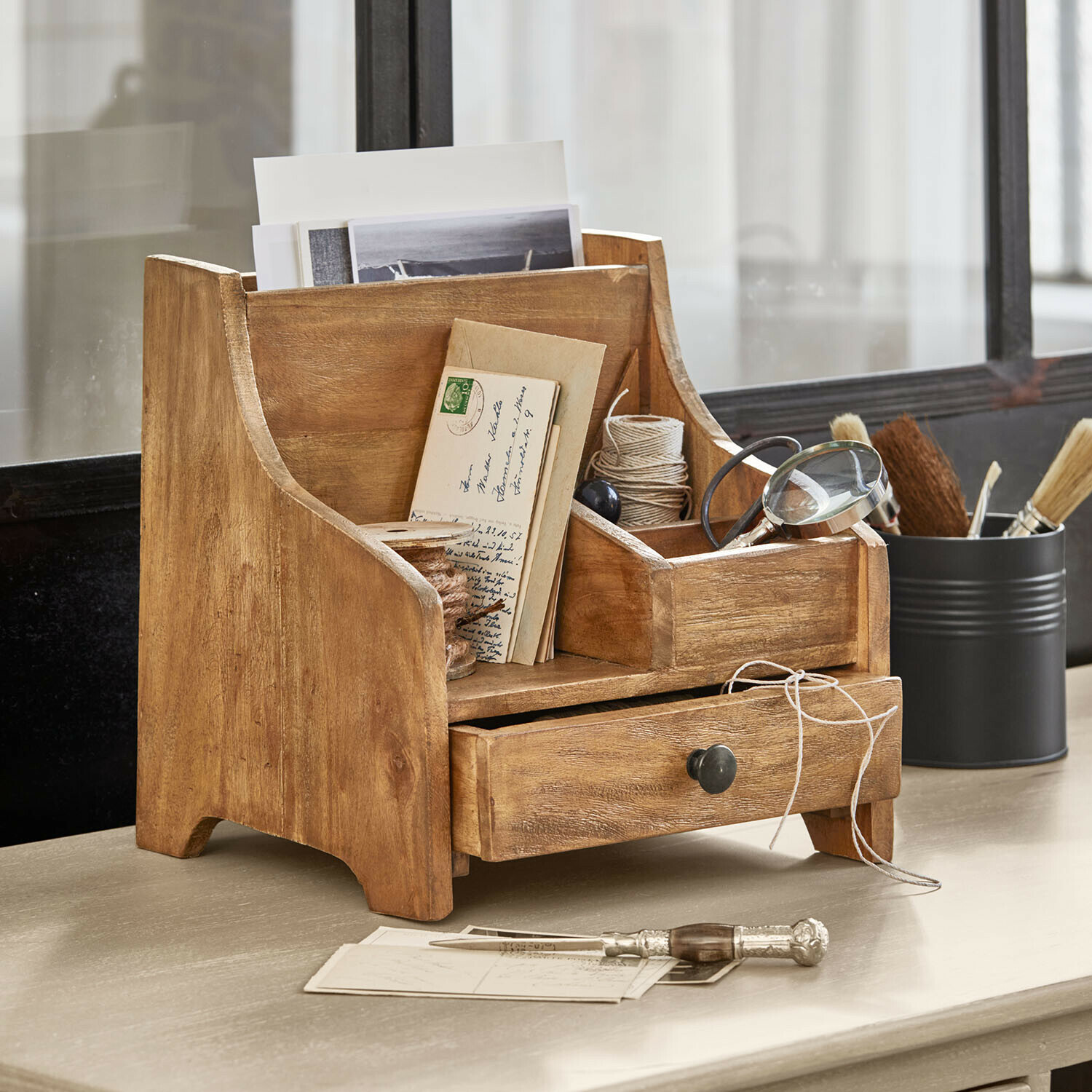 Organizador Cairlena Organizador de escritorio de madera con cajón y compartimentos para cartas y útiles de escritura