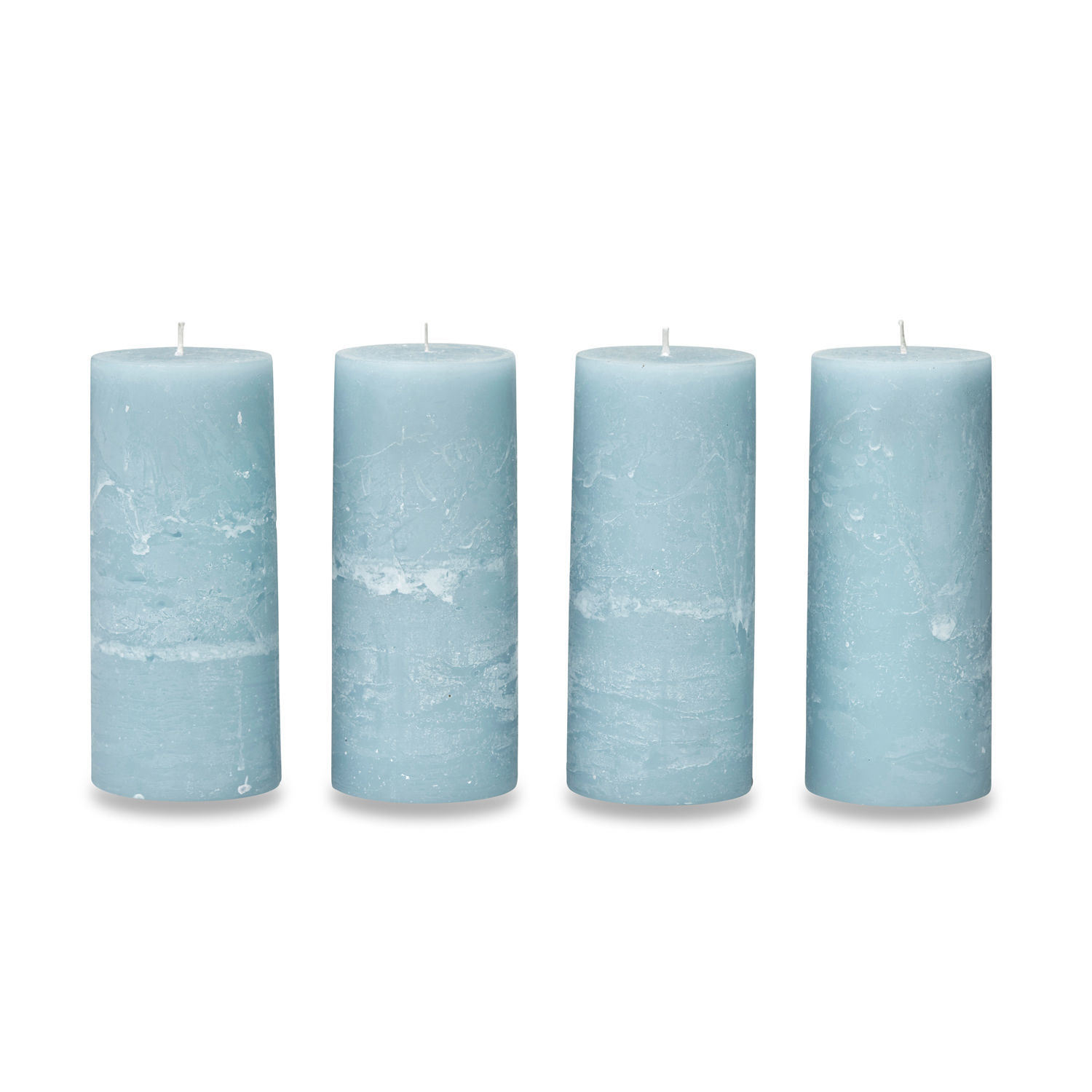azul Set de 4 velas azules de cera con textura rústica, decoración e iluminación interior.