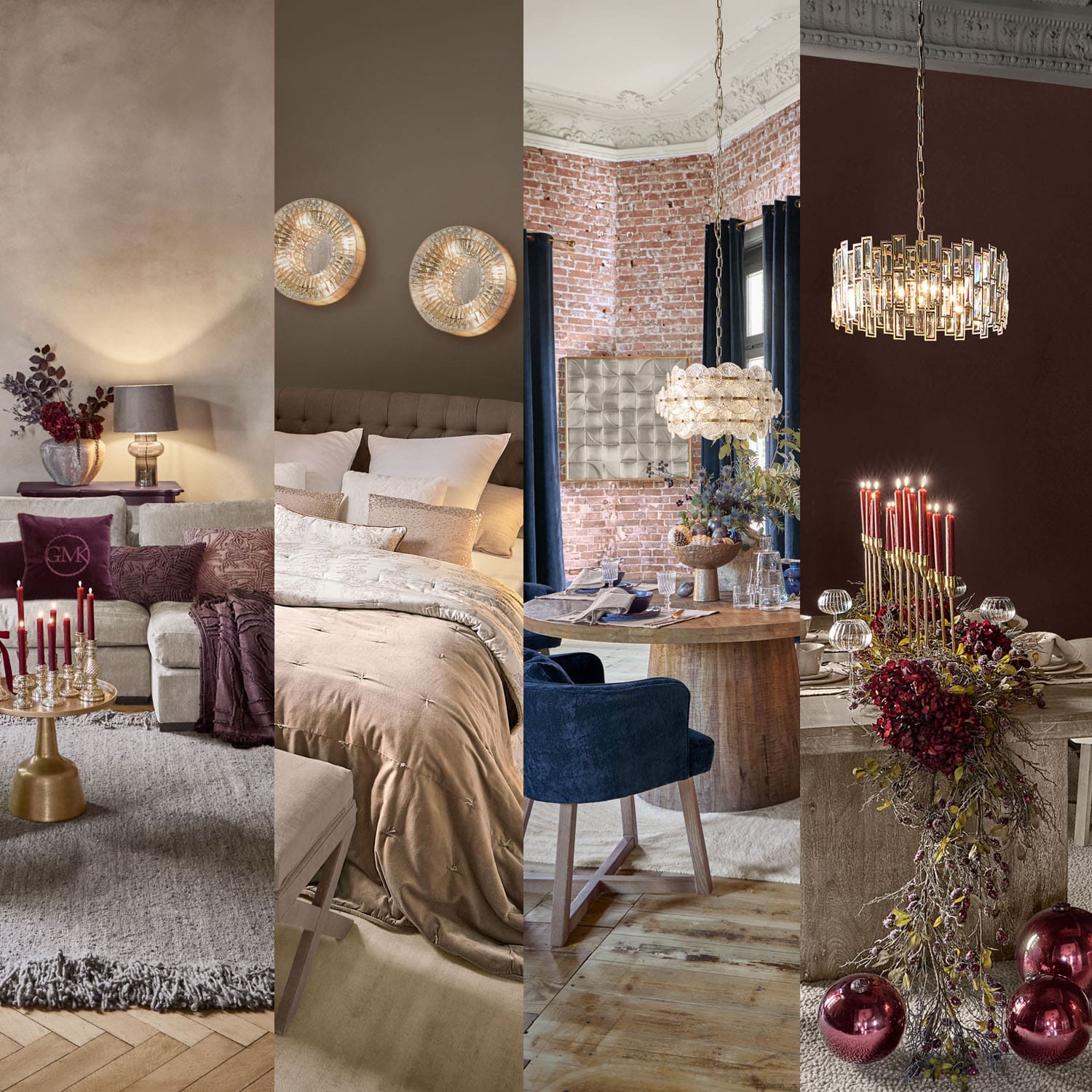 Cuatro estilos de interiores con lámparas y decoraciones en madera, tela y metal en varios colores y materiales