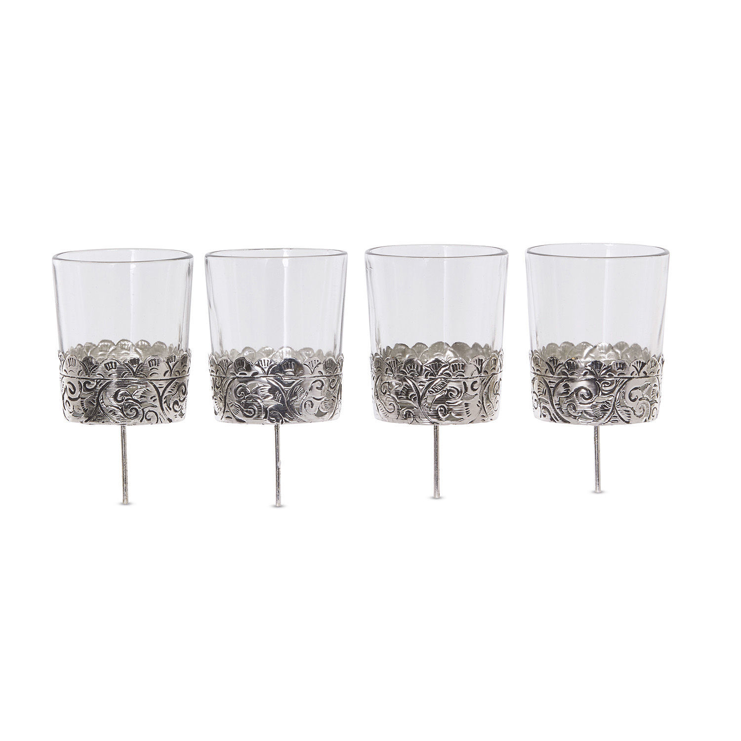 Set de 4 farolillos Pinelle Conjunto de cuatro vasos con diseño plateado decorativo en la base, vasos de vidrio elegantes