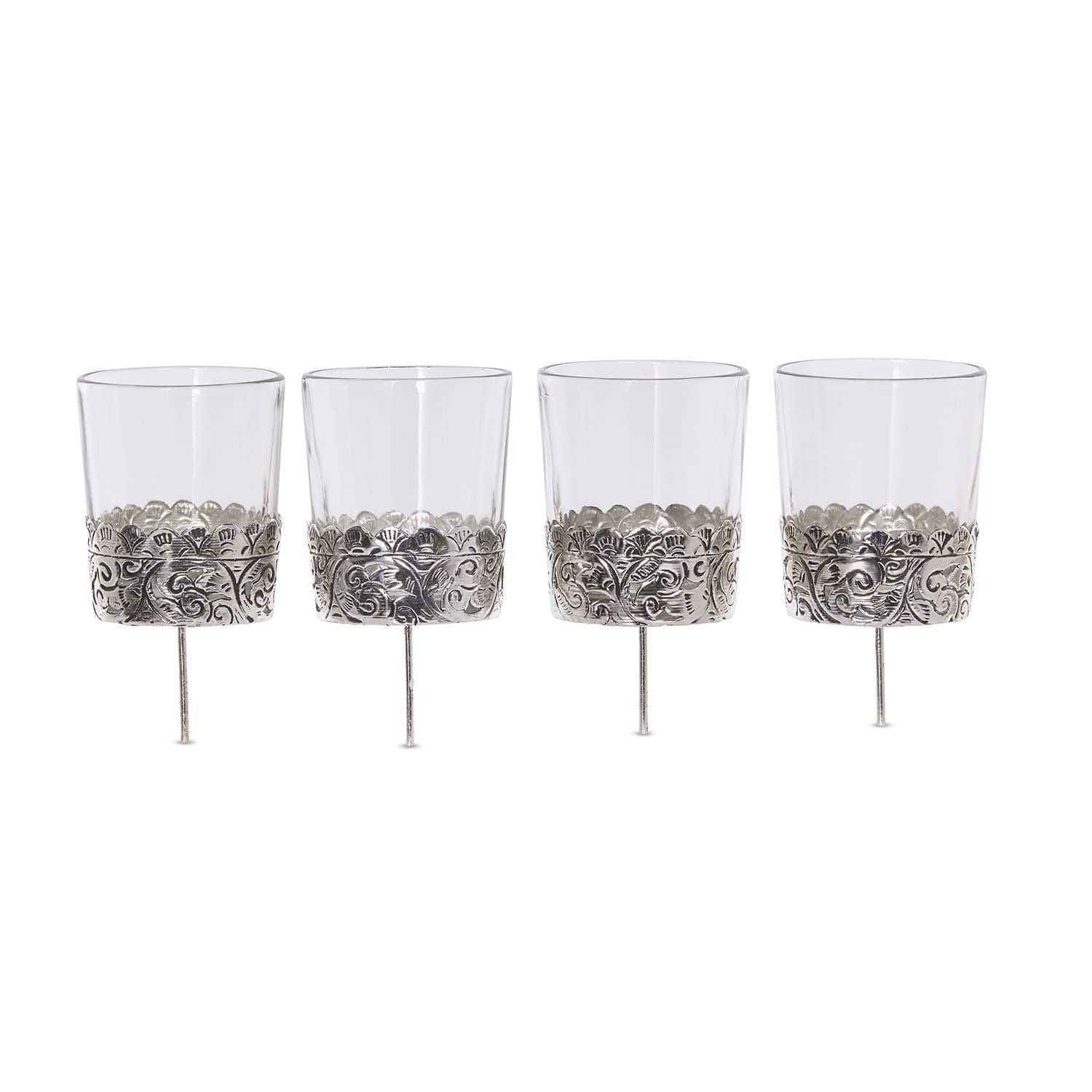 Set de 4 farolillos Pinelle Conjunto de cuatro vasos con diseño plateado decorativo en la base, vasos de vidrio elegantes