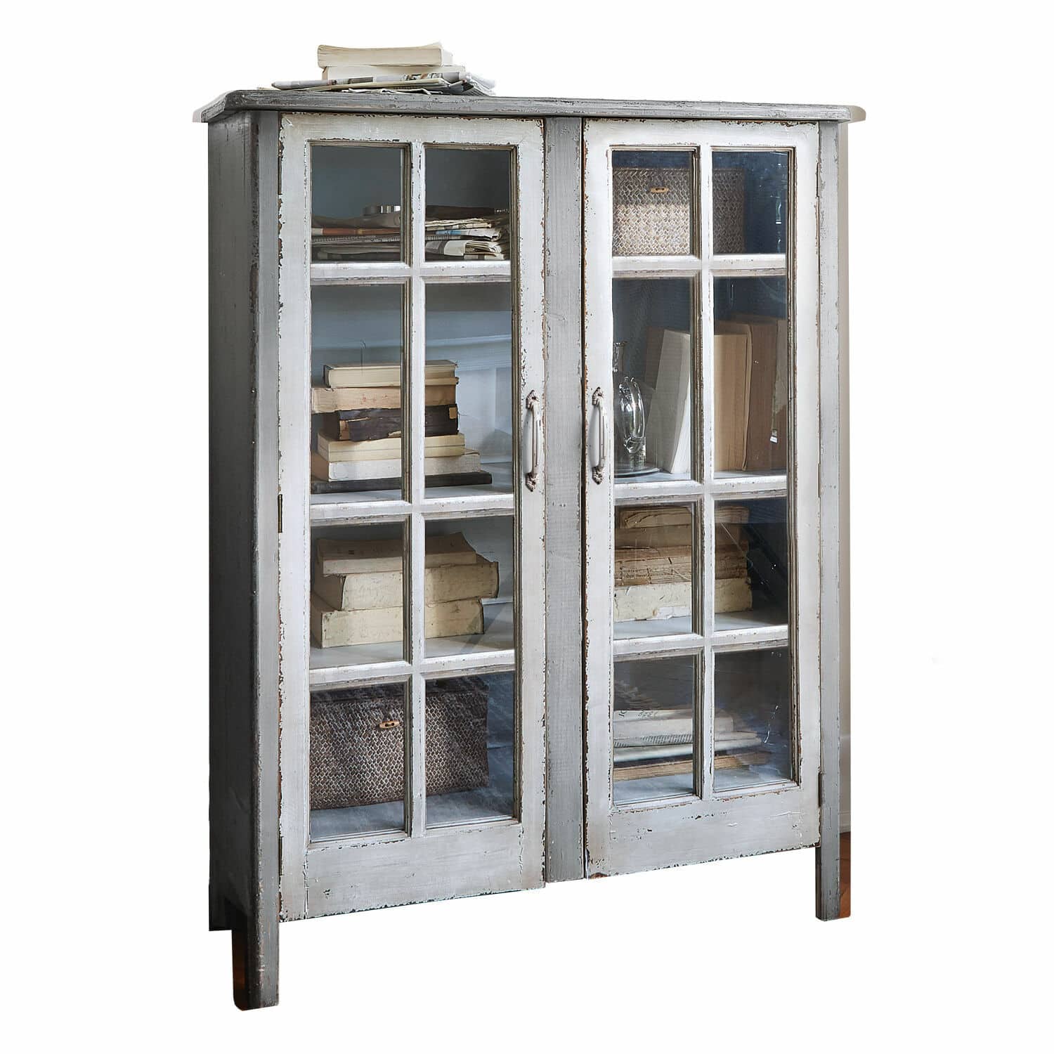 Cómoda Sherman Vitrina de madera gris con puertas de cristal y acabado envejecido para almacenar libros y objetos