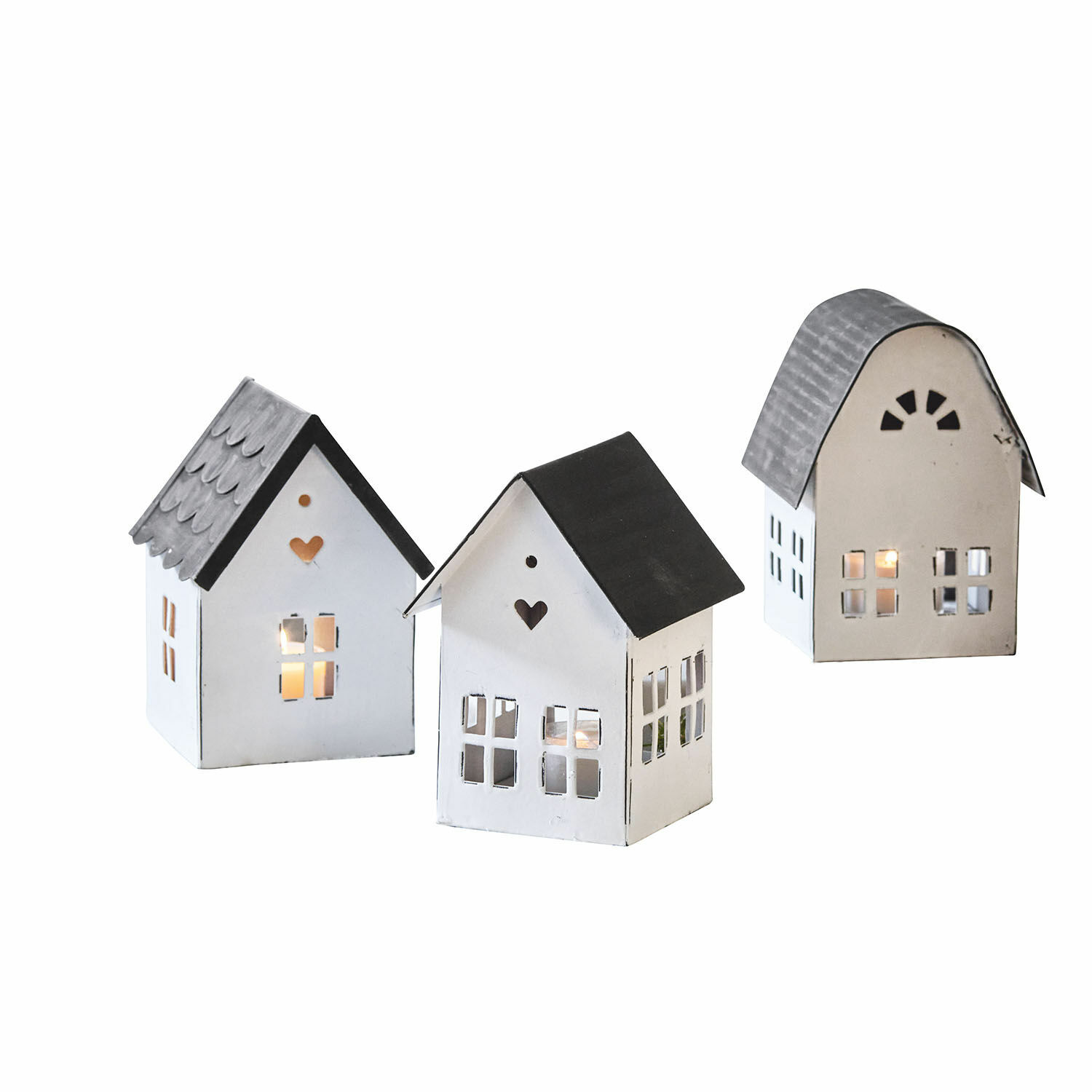 Set de 3 farolillos Lambray Conjunto de tres faroles metálicos en forma de casitas blancas y grises para decoración interior