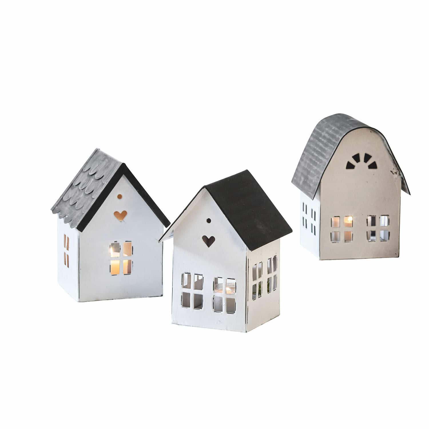 Set de 3 farolillos Lambray Conjunto de tres faroles metálicos en forma de casitas blancas y grises para decoración interior