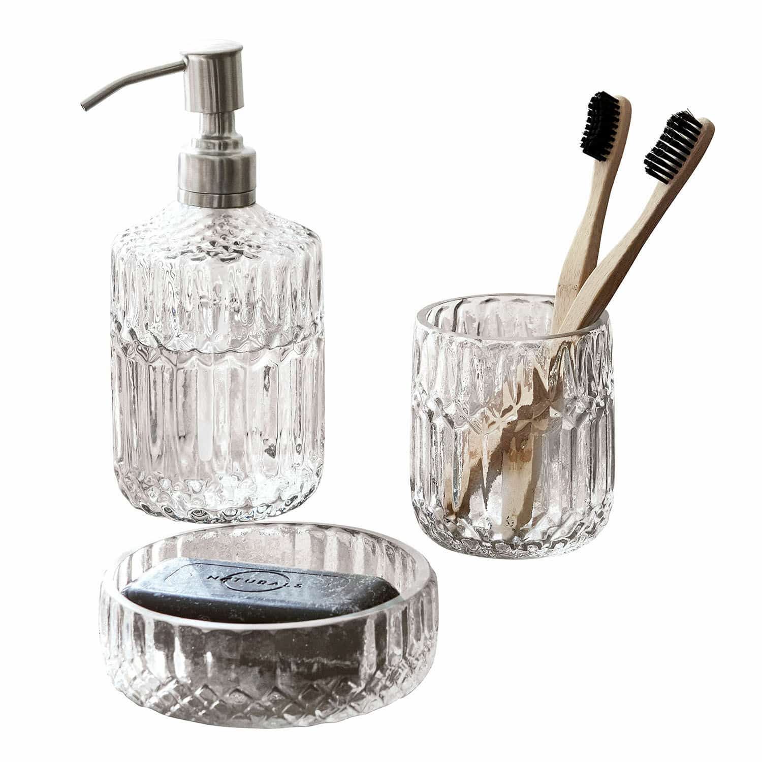 Set de baño Denney Juego de baño de vidrio transparente con dispensador, vaso y jabonera para cepillos y jabón