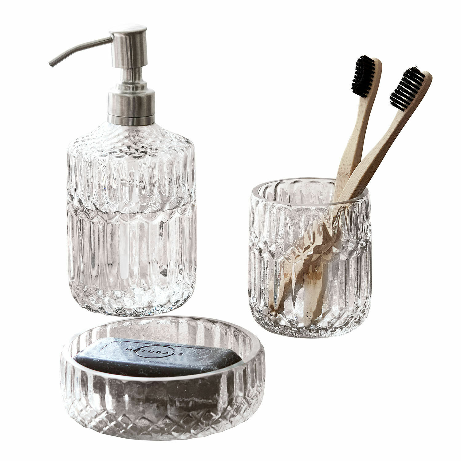 Set de baño Denney Juego de baño de vidrio transparente con dispensador, vaso y jabonera para cepillos y jabón