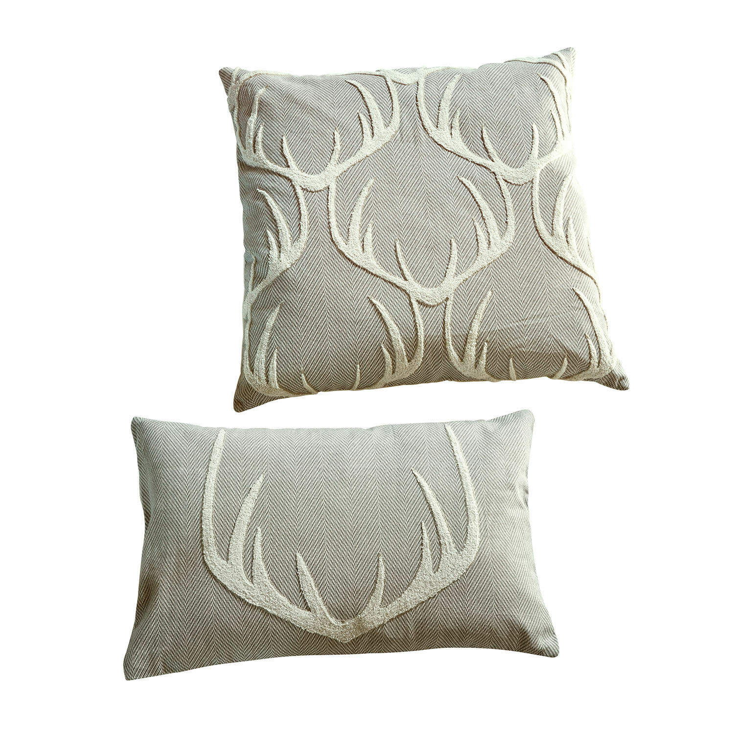 Set de 2 fundas de cojín Soreva Conjunto de dos cojines decorativos de tela beige con diseño bordado de astas, textiles para salón