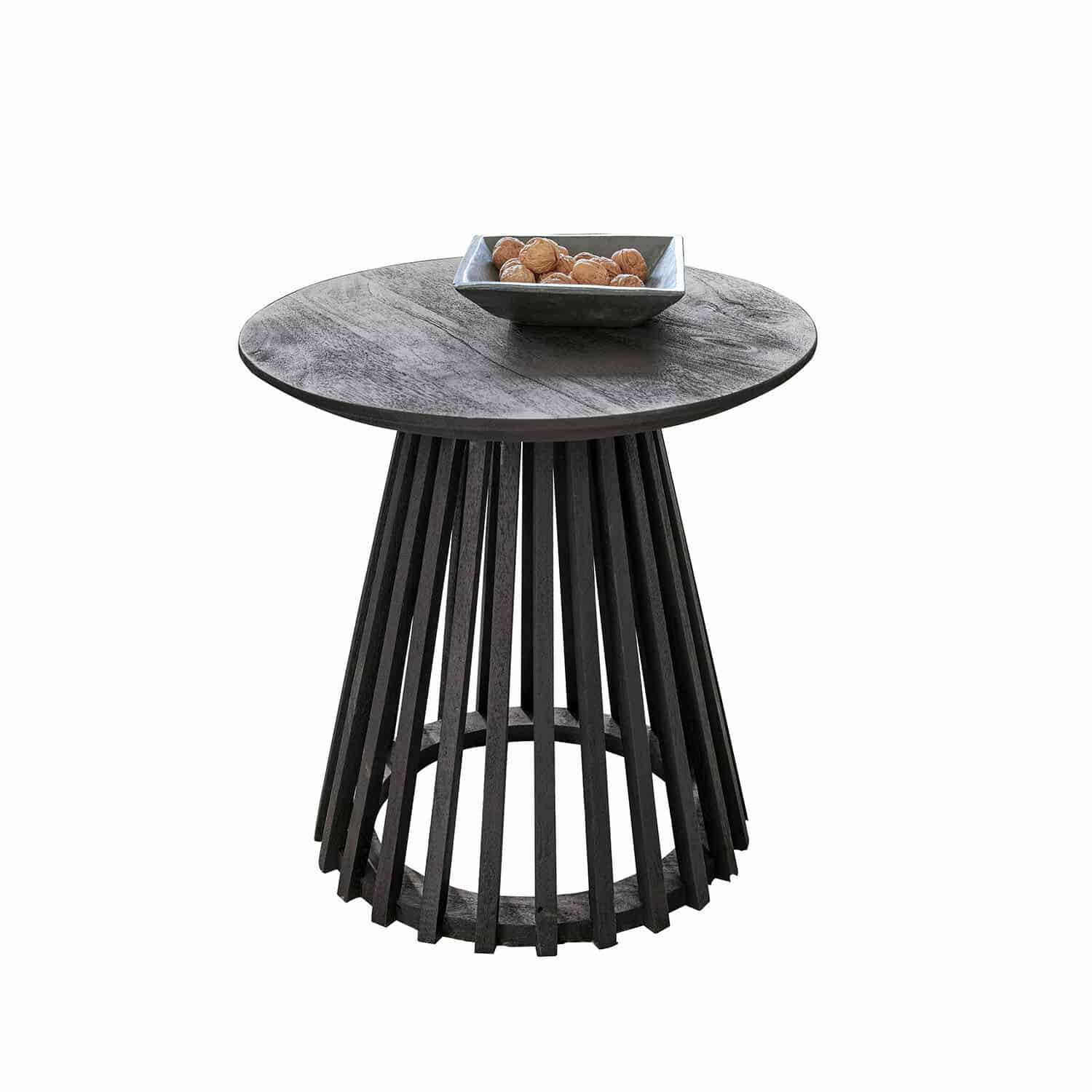 Mesa auxiliar Montaril Mesa auxiliar redonda de madera negra con base decorativa y cuenco con nueces encima
