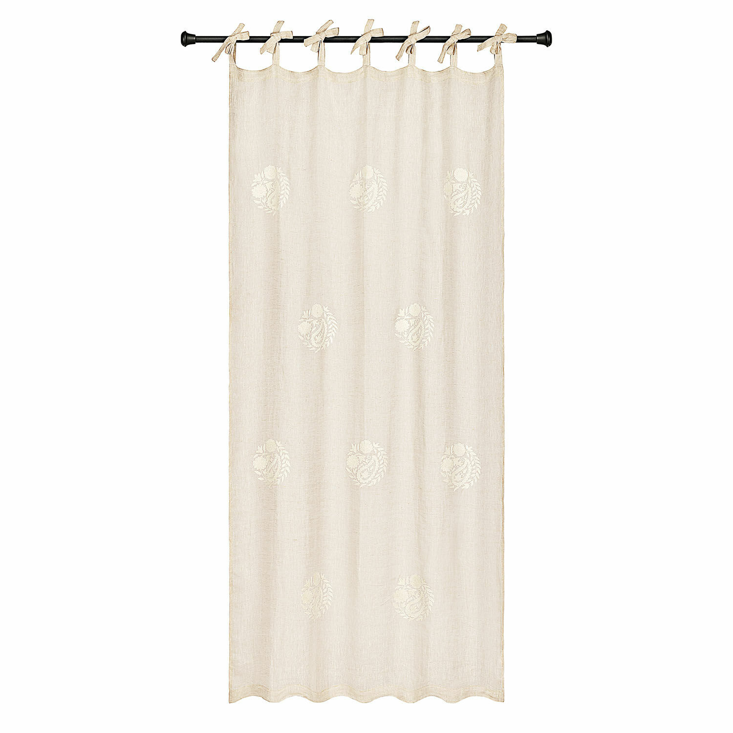Cortina Pivonar Cortina de lino beige con bordado sutil y lazos para colgar, decoración para ventana