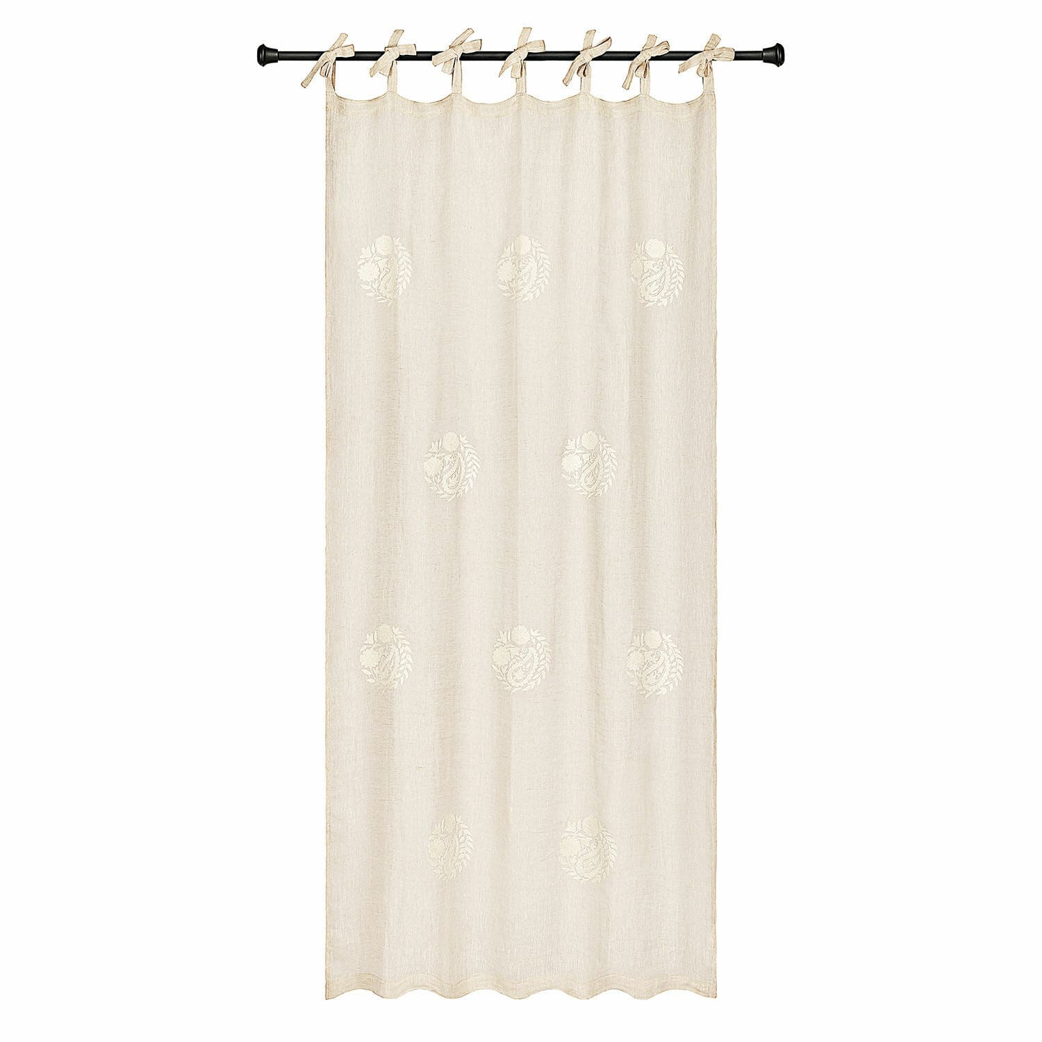 Cortina Pivonar Cortina de lino beige con bordado sutil y lazos para colgar, decoración para ventana