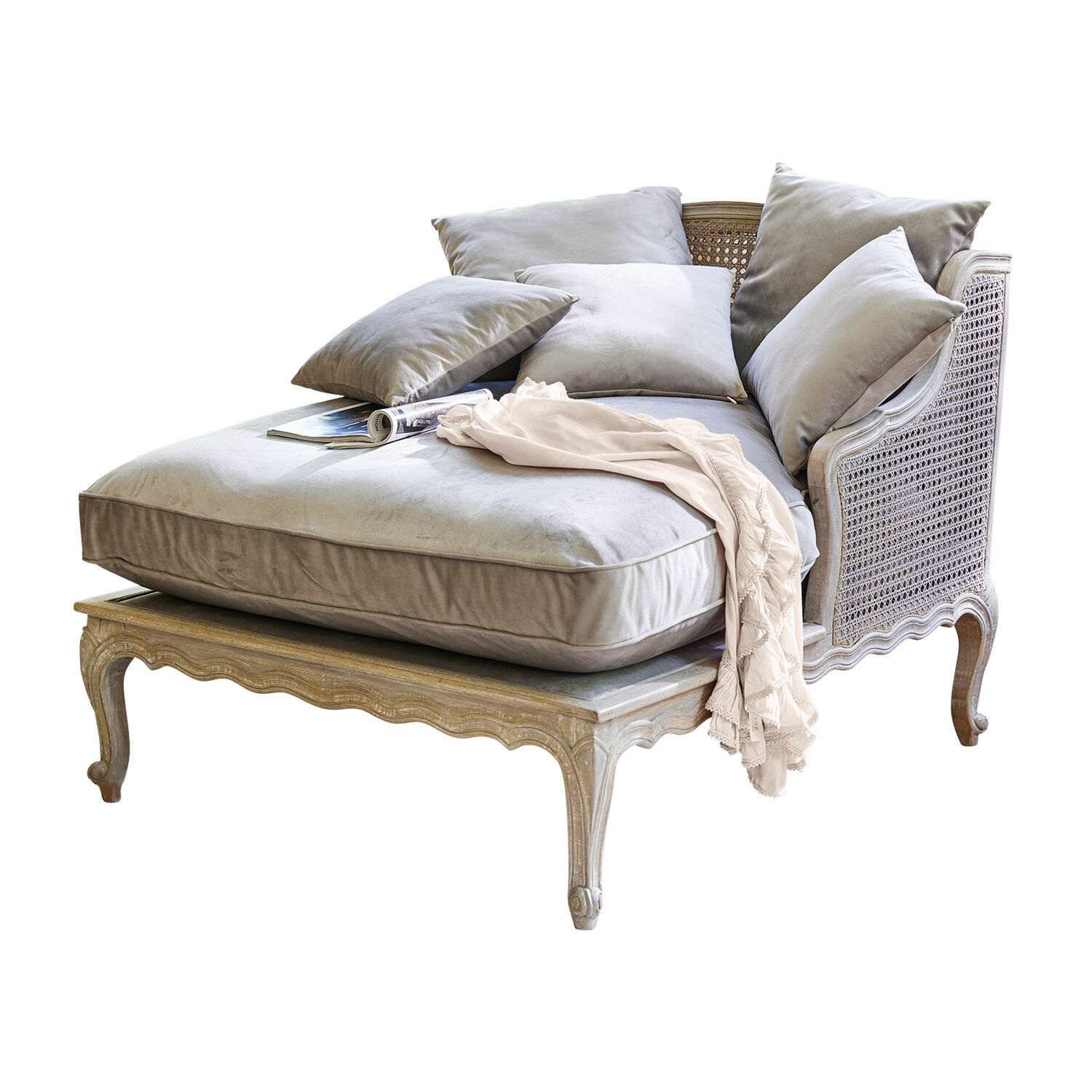 Chaise longue Dronne Sillón elegante de terciopelo gris claro con marco de madera trenzada, mueble cómodo para sala