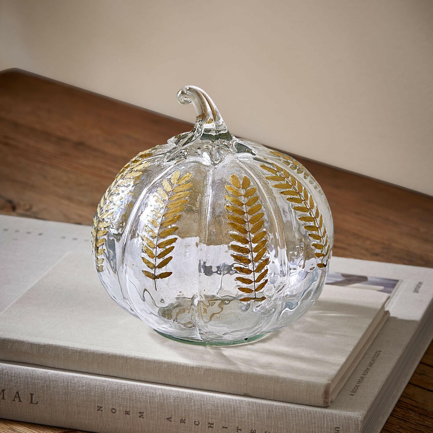 Calabaza Émurise Decoración de calabaza de cristal con hojas doradas, adorno transparente para mesa otoñal elegante
