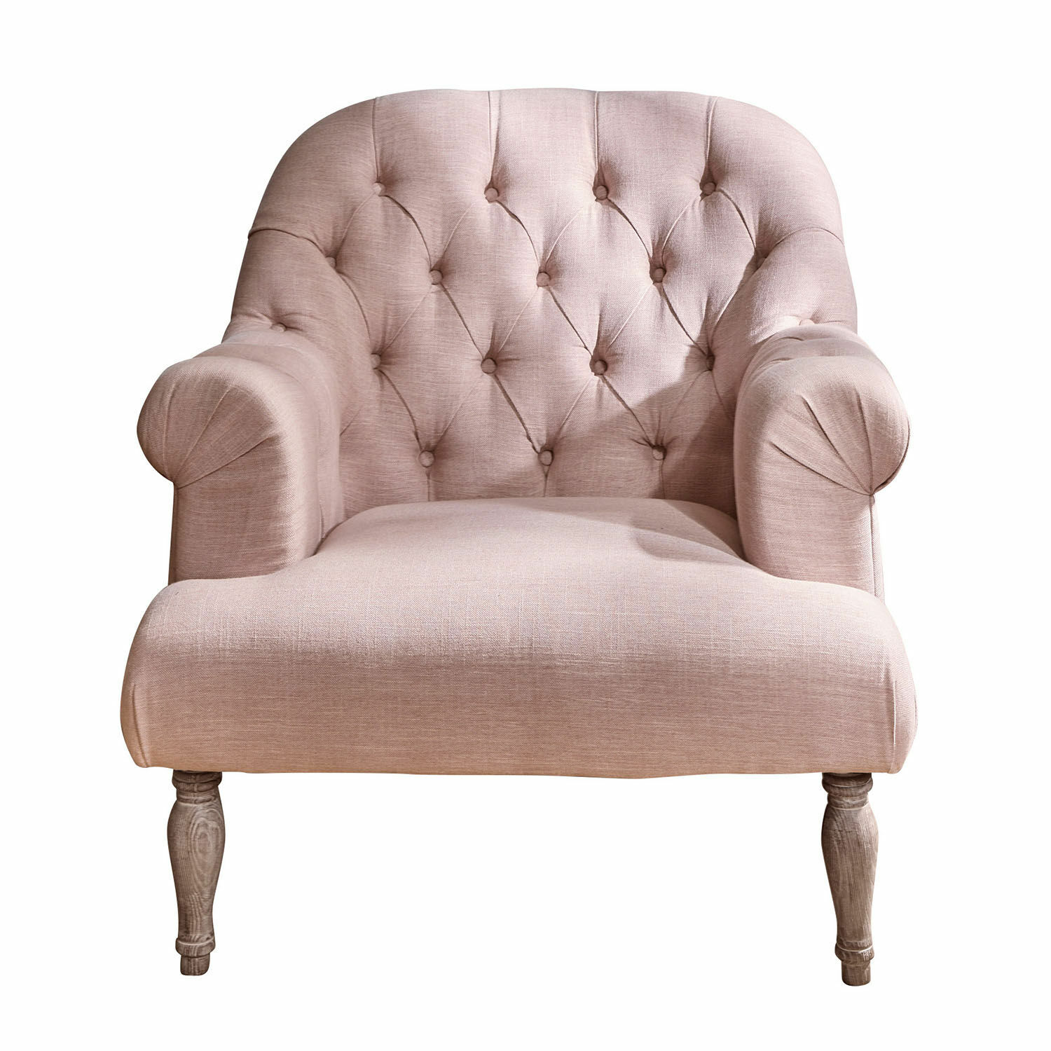 rosa Sillón Shambrook rosa de tela con respaldo capitoné y patas de madera para salón