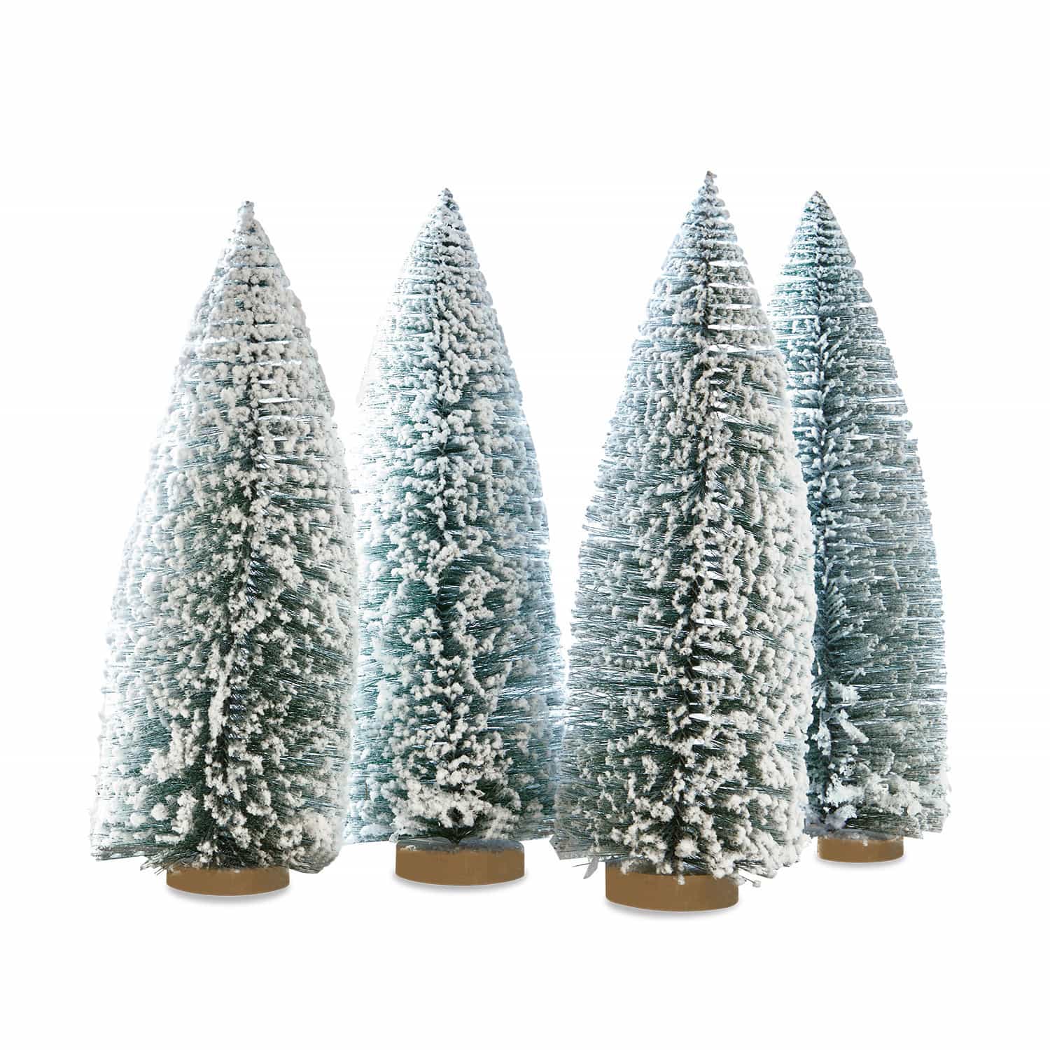 Set de 4 árboles decorativos Landscape Conjunto de cuatro árboles decorativos cónicos de plástico verde con nieve blanca sobre base de madera