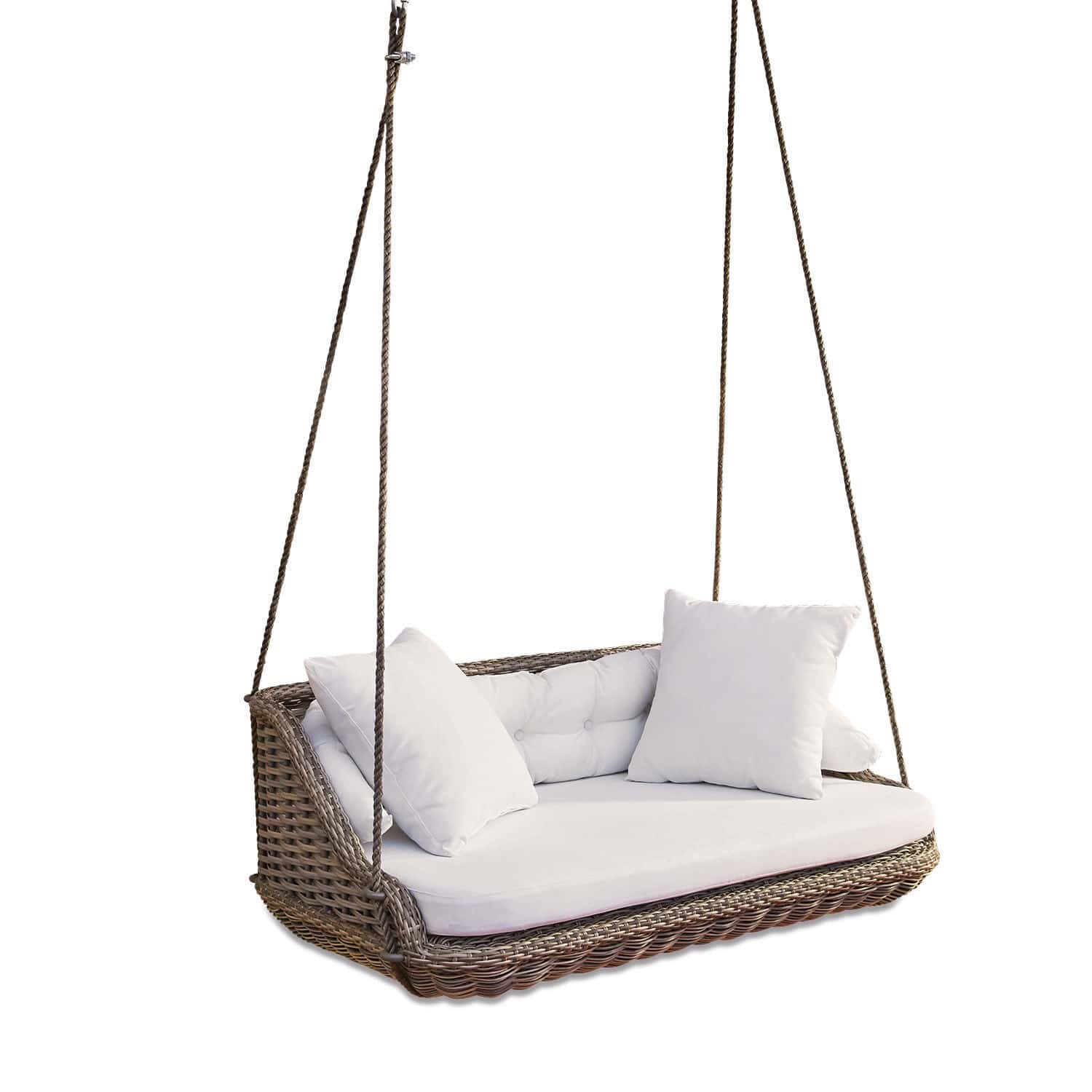 Banco colgante Pontrieux Columpio de ratán con cojines blancos y asiento acolchado, ideal para jardín y terraza