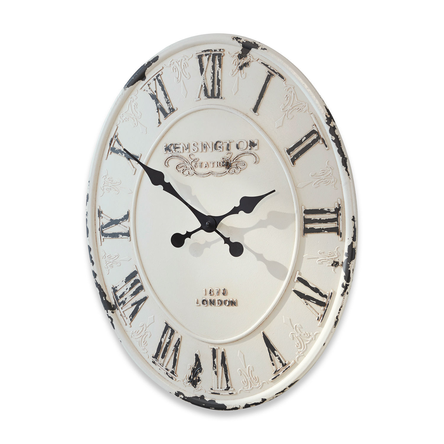 Reloj Soulières Reloj de pared redondo de metal blanco estilo vintage con números romanos negros y acabado envejecido