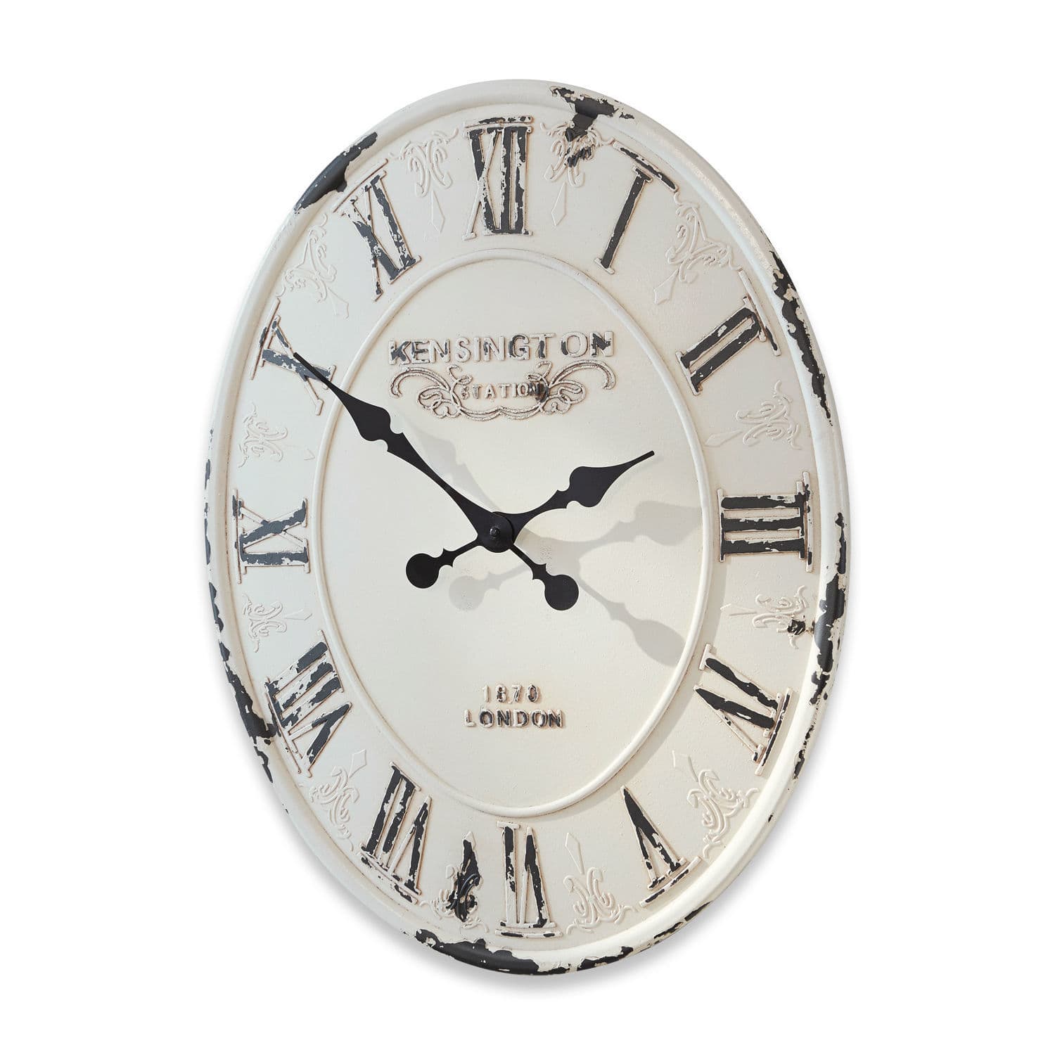 Reloj Soulières Reloj de pared redondo de metal blanco estilo vintage con números romanos negros y acabado envejecido
