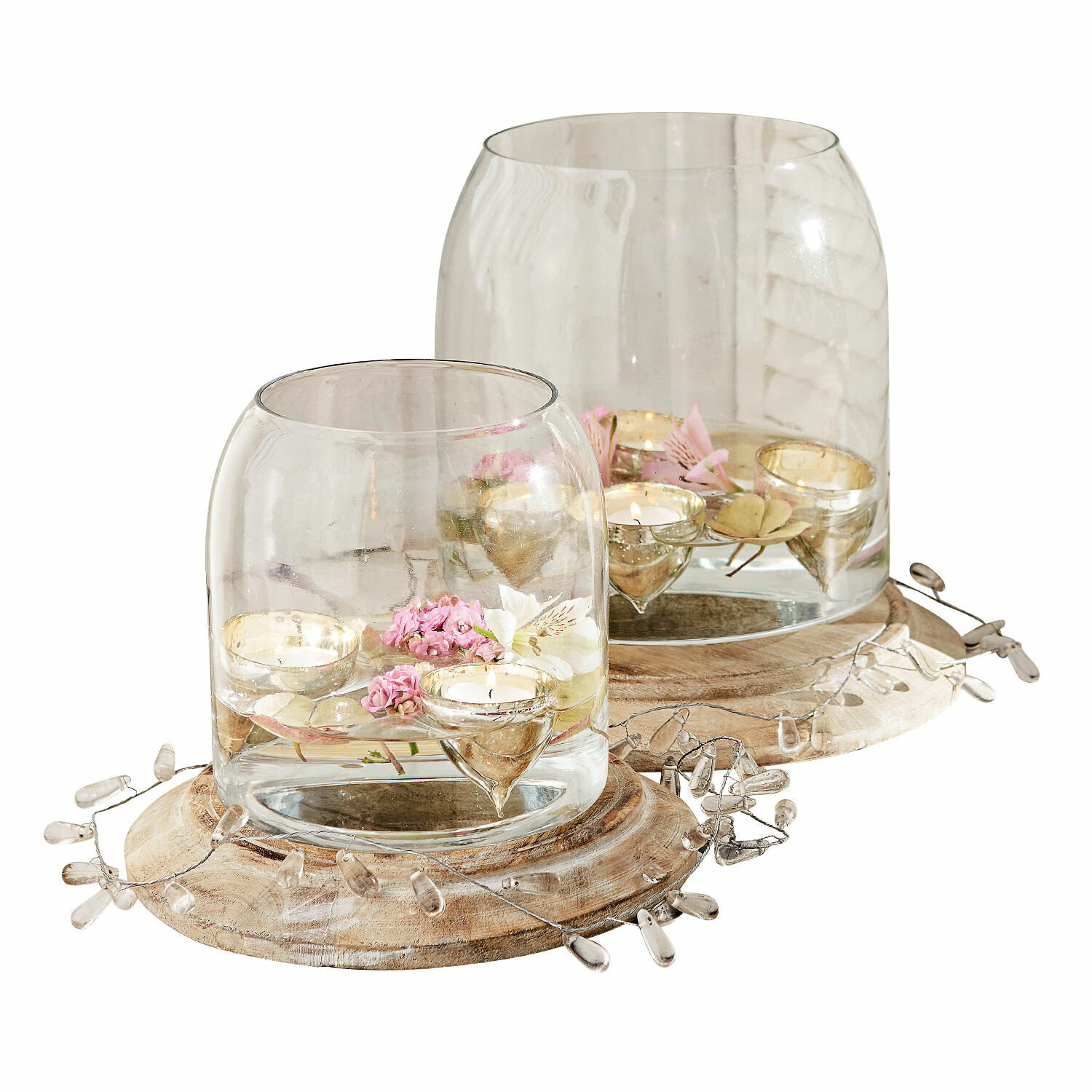Set de 2 farolillos Bran Faroles de vidrio sobre bases de madera con flores rosas y velas tealight para decoración interior