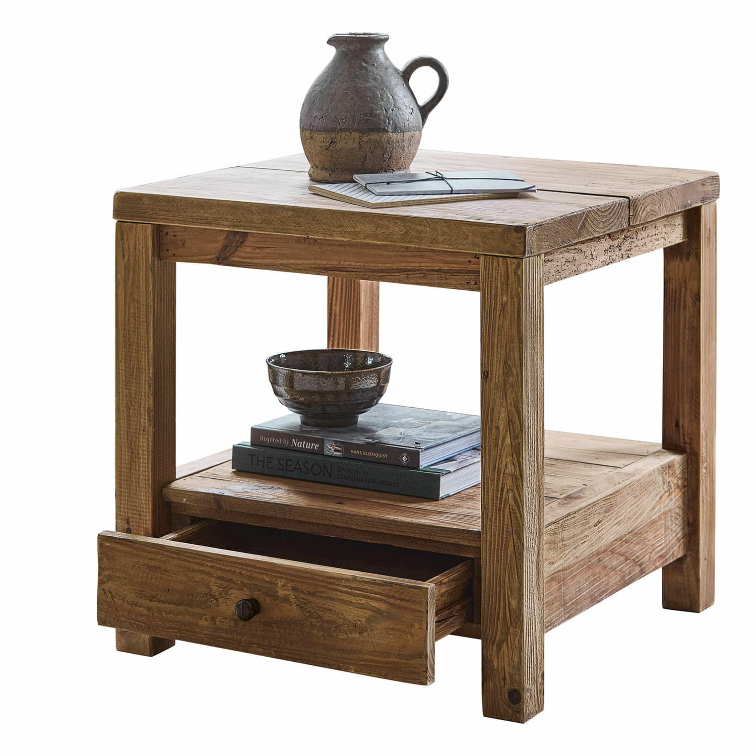 Mesa auxiliar Iven Mesa cuadrada de madera con cajón y estante, color natural, mueble para sala