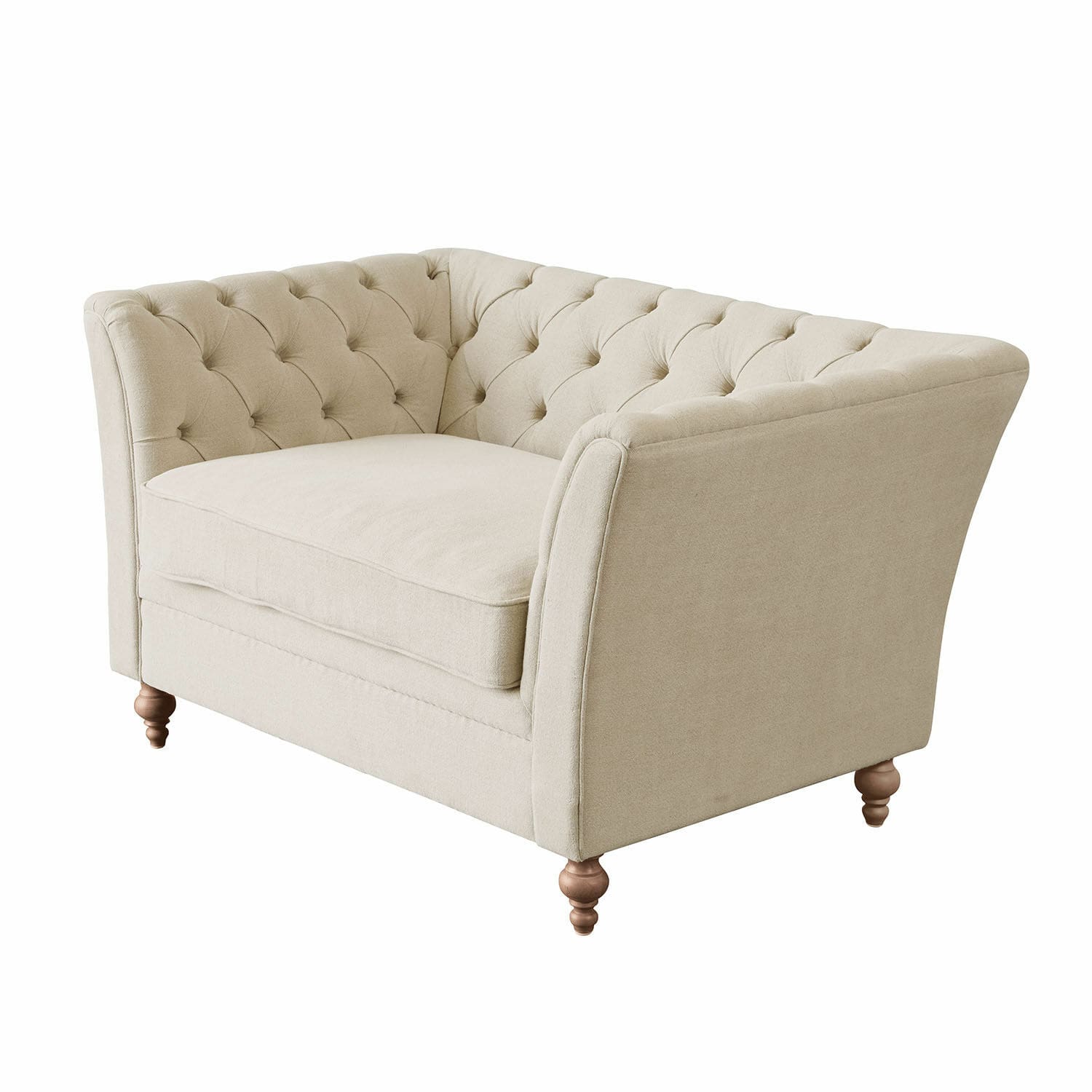 Sofá Clères Sofá tapizado beige con respaldo capitoné y patas de madera, mueble cómodo para salón