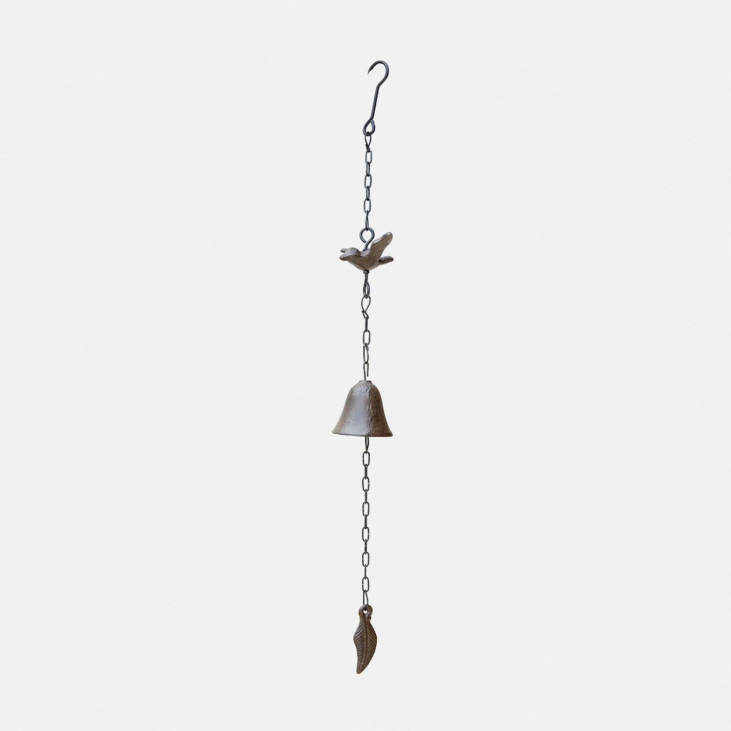 Campana de metal marrón con cadena, pájaro y hoja para decoración de jardín