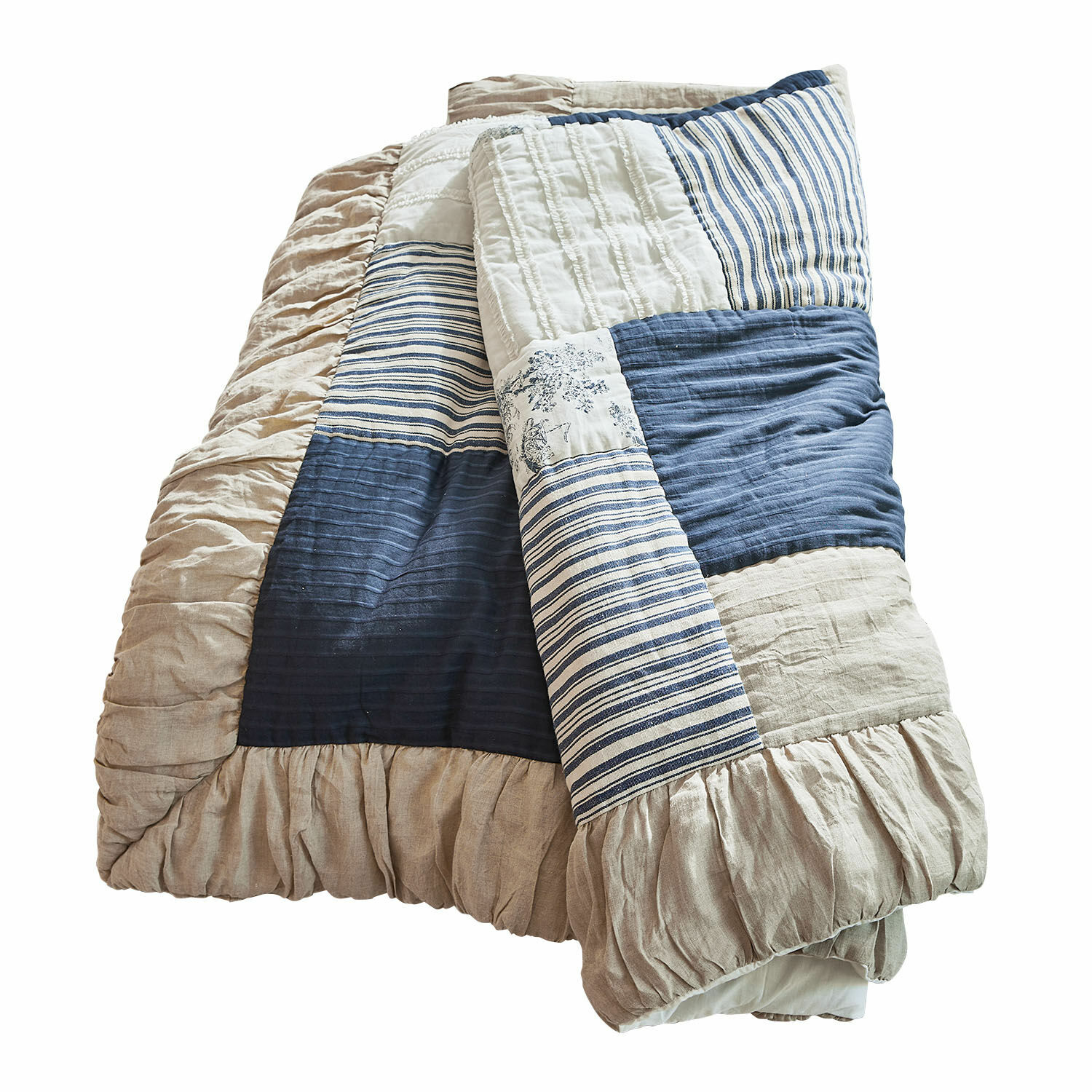 Colcha Felencio Colcha acolchada patchwork de algodón y lino en tonos beige y azul, ropa de cama decorativa