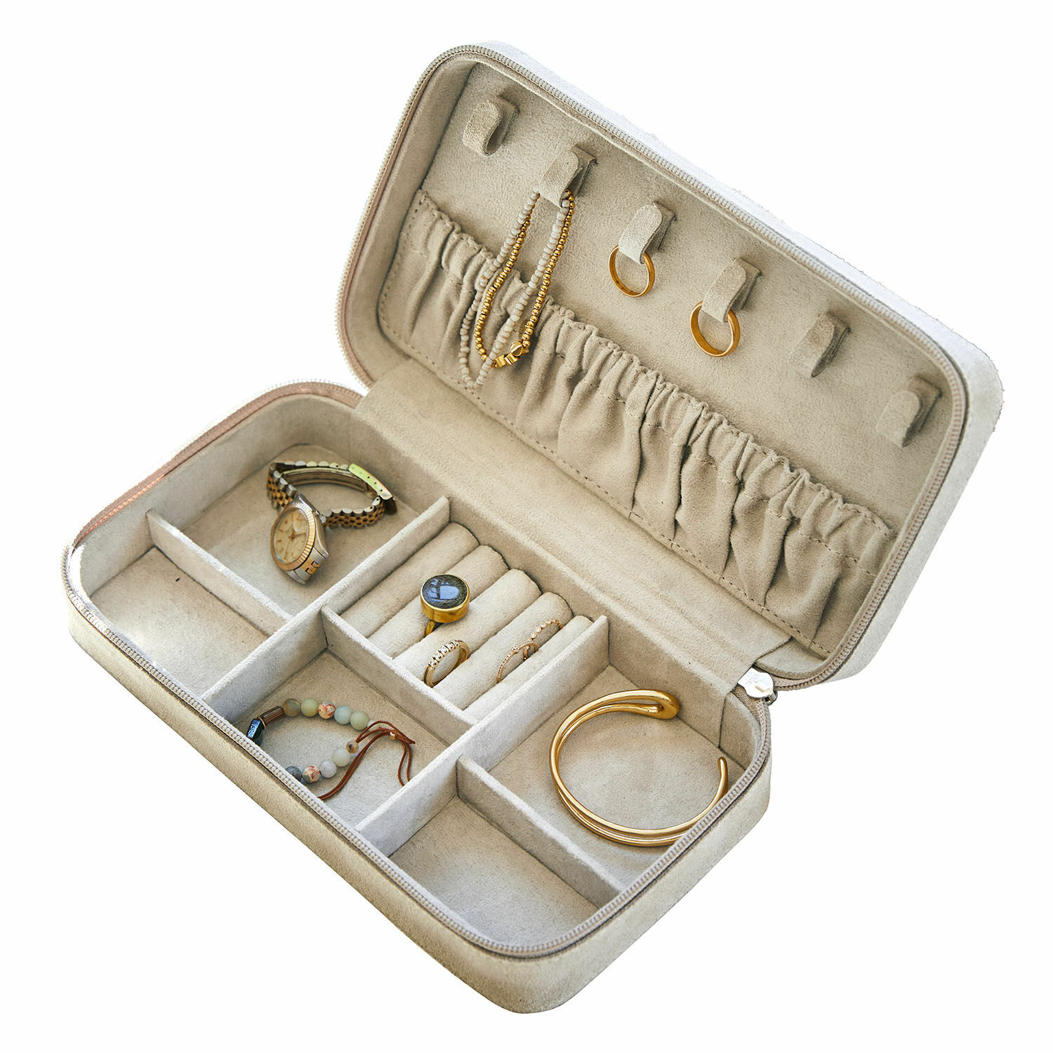 Joyero Angelique Estuche de joyería beige de ante con compartimentos y accesorios dorados para guardar anillos y pulseras